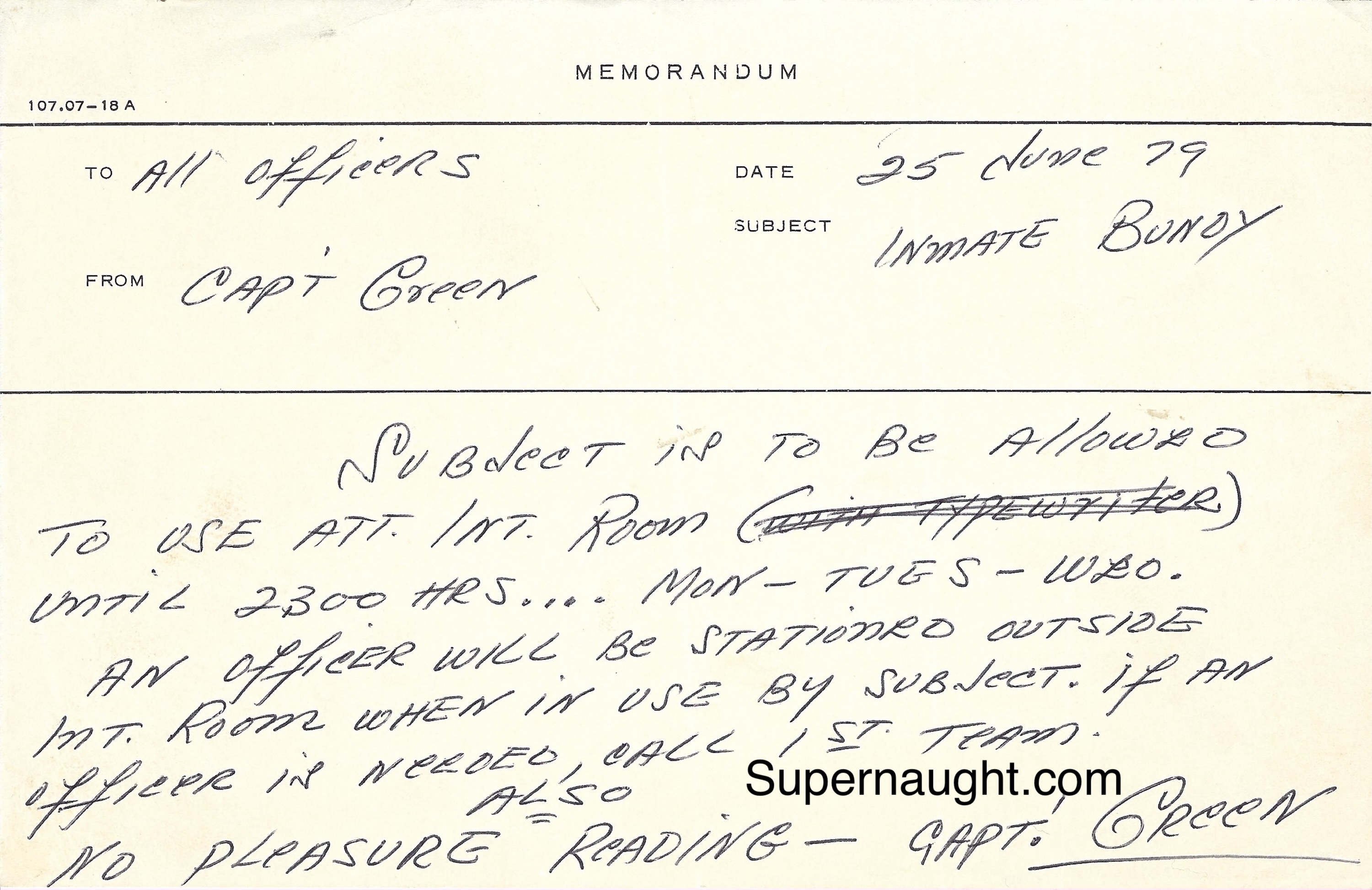 Ted Bundy 1979 Memo Capt. Green Interview Room