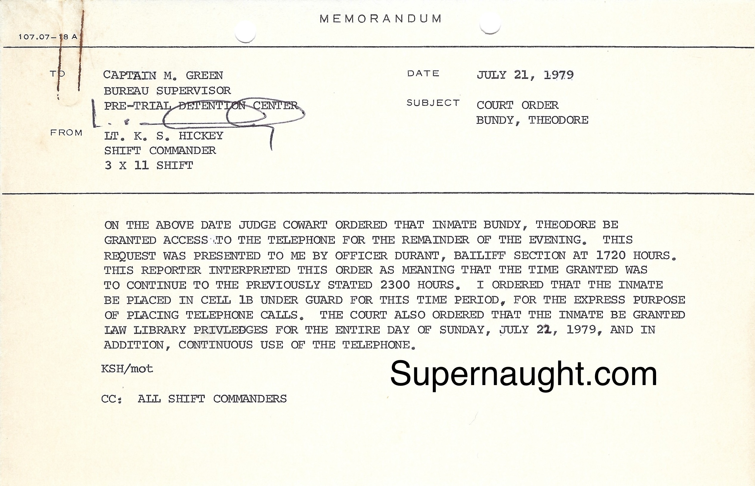 Ted Bundy 1979 Memo Judge Cowart Order for Telephone Access Capt. Green