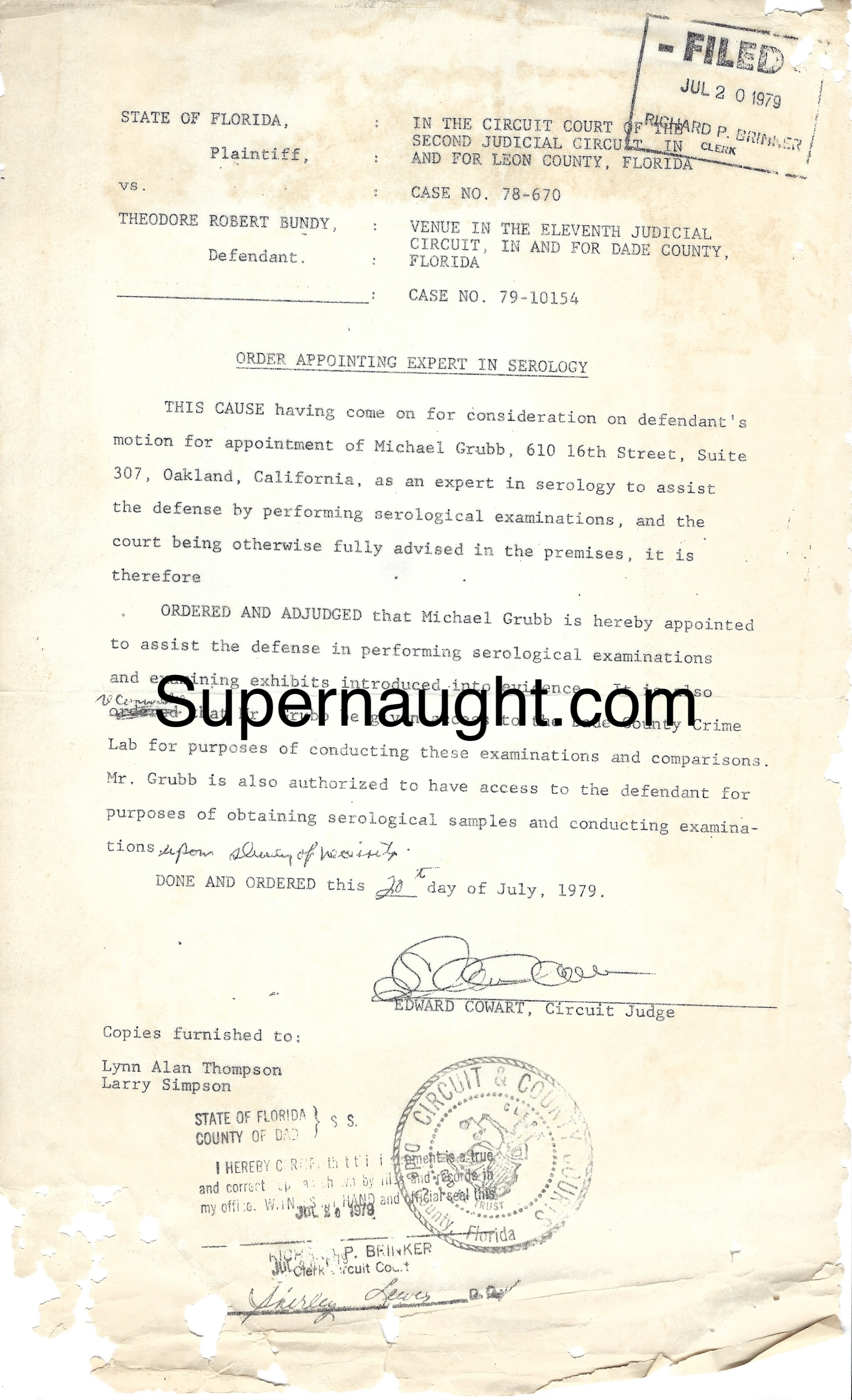 Ted Bundy 1979 Order Appointing Expert In Serology