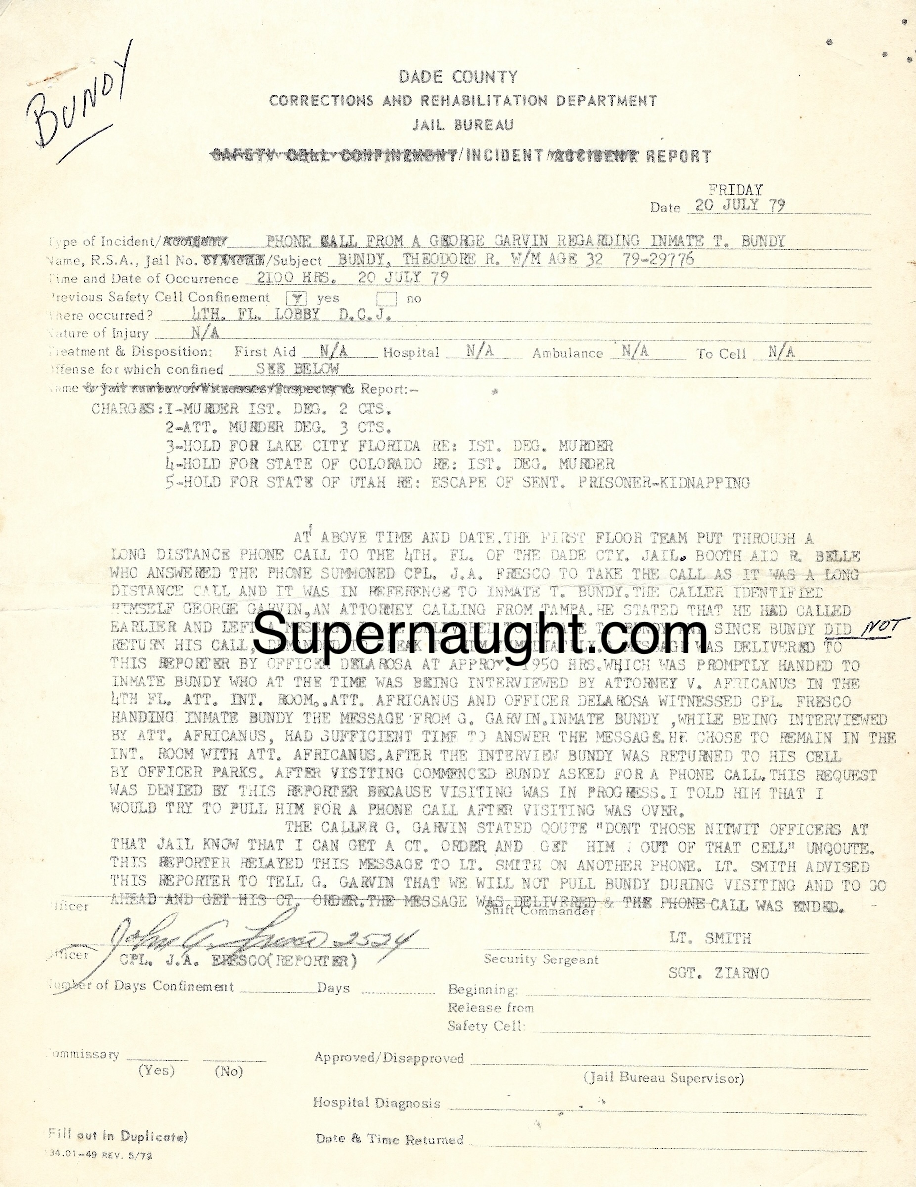 Ted Bundy 1979 Phone Incident Report
