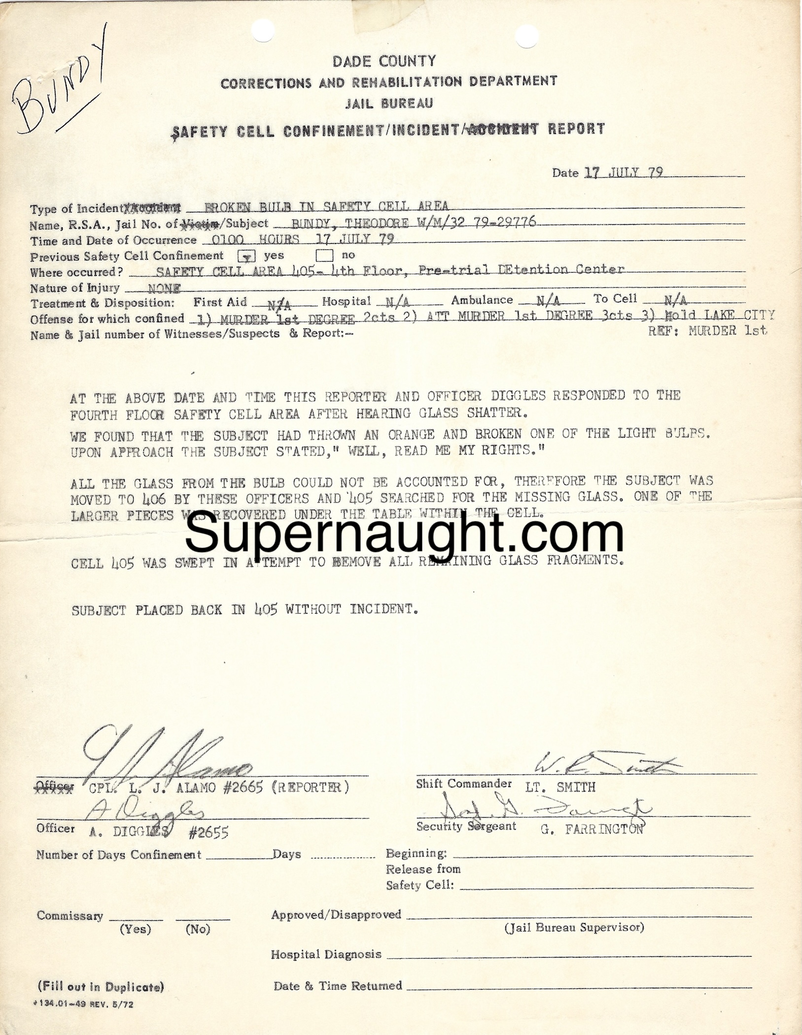 Ted Bundy 1979 Smashed Lightbulb Incident Report