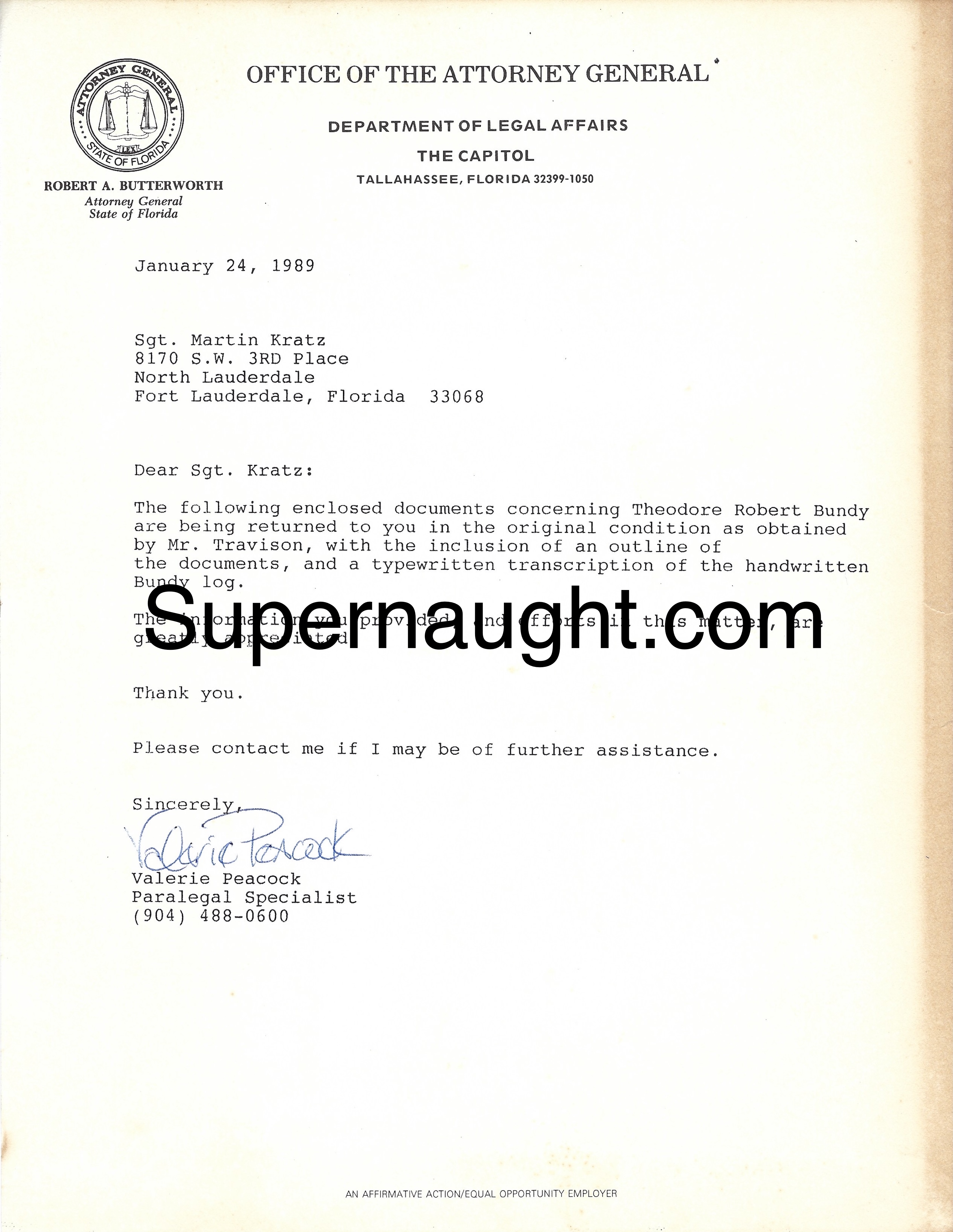 Ted Bundy Attorney General Office Letter Signed