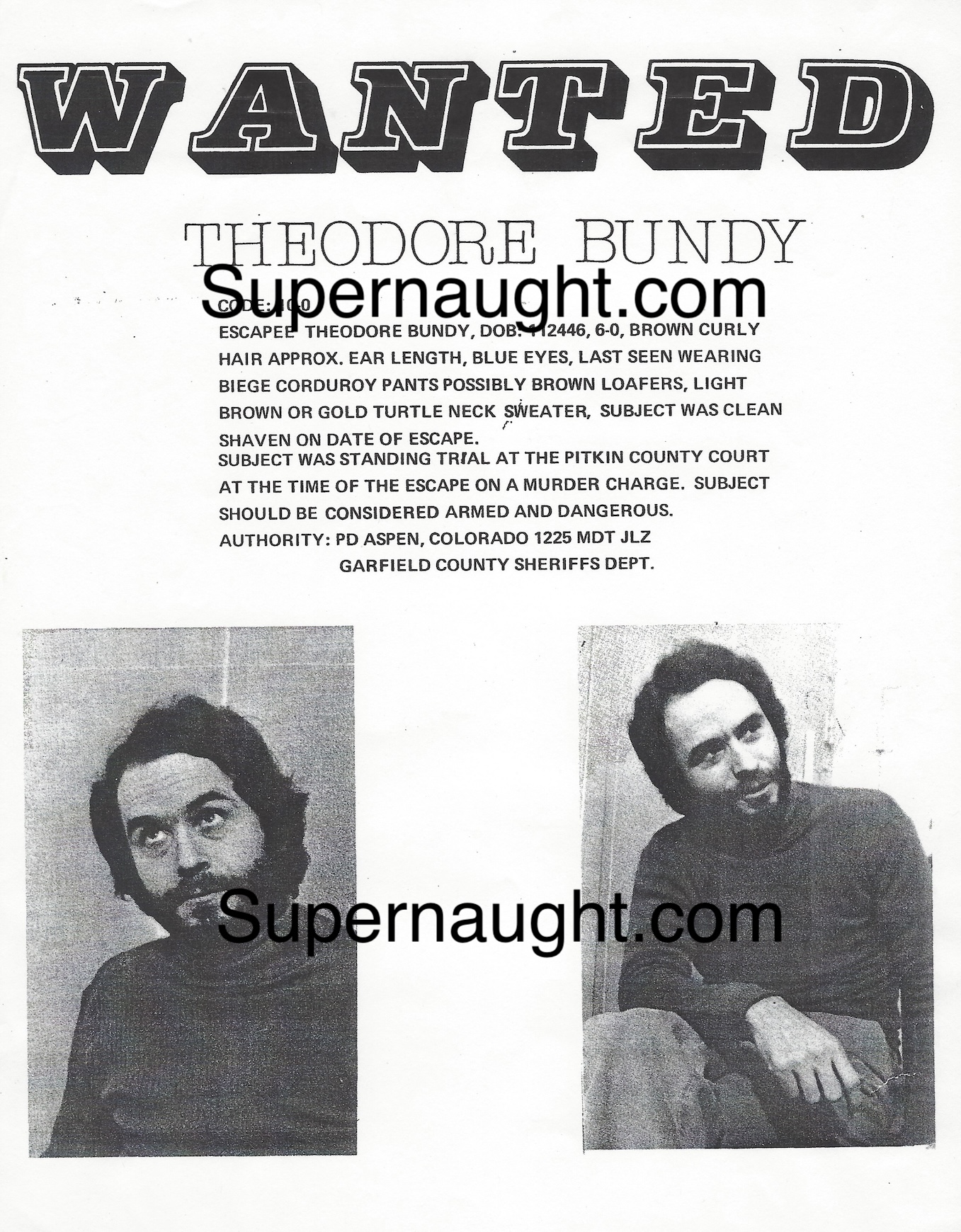 Ted Bundy Colorado Replica Wanted Poster