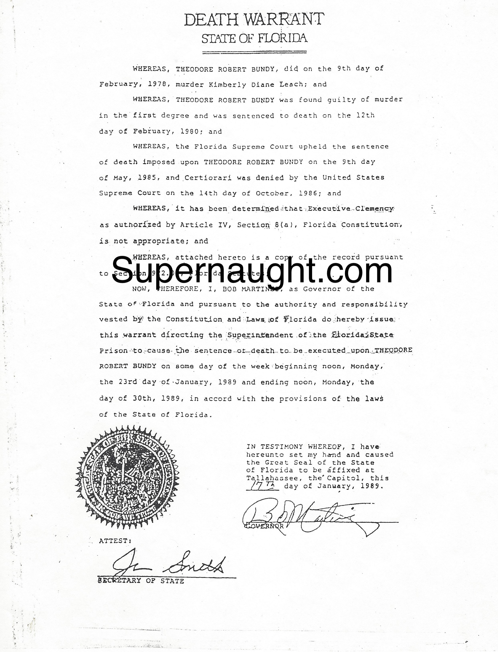 Ted Bundy Death Warrant Copy January 1989