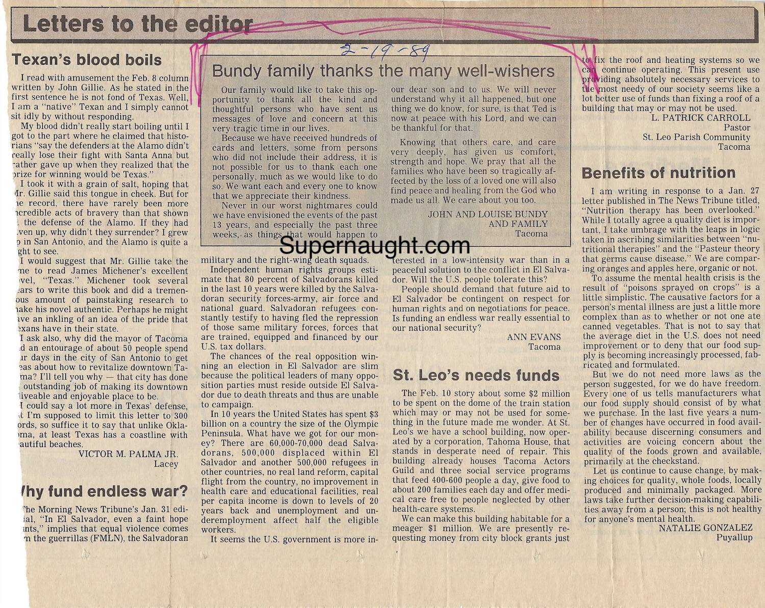 Ted Bundy Family Thanks the Many Well Wishers Article 1989