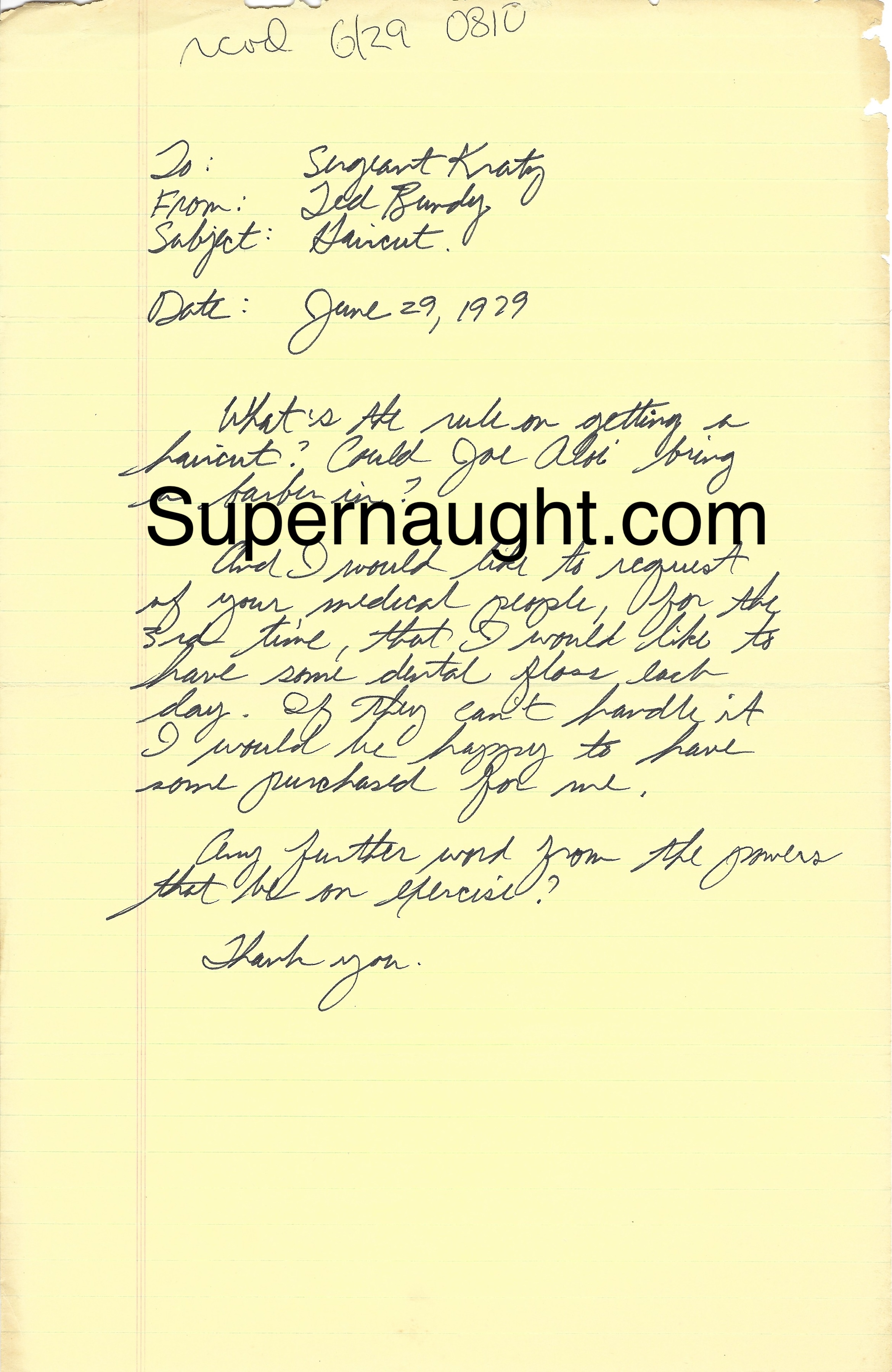 Ted Bundy Haircut Request Signed 1979 Pre Conviction
