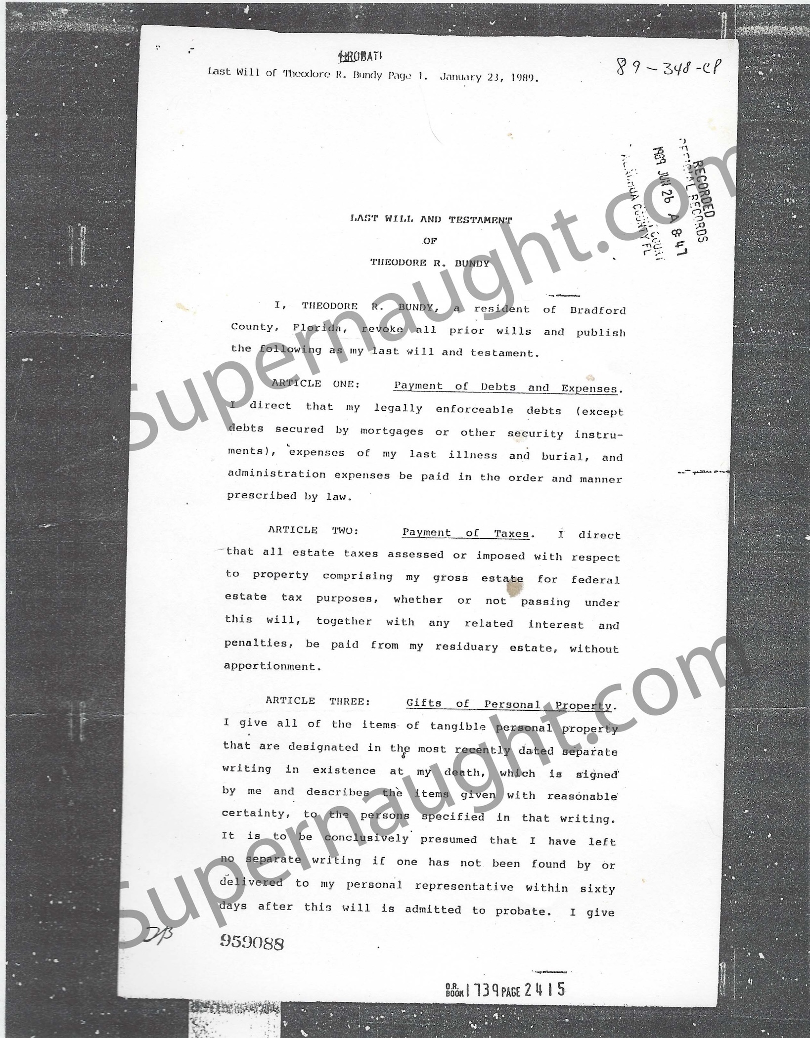 Ted Bundy Last Will and Testament Copy 1989