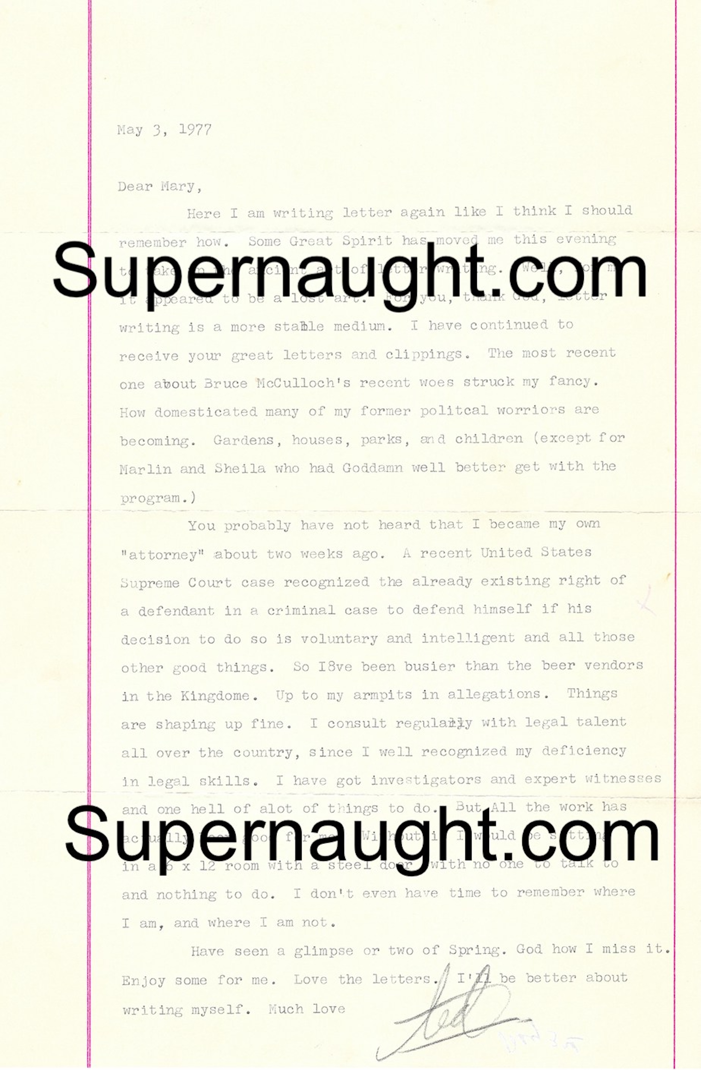 Ted Bundy May 3 1977 Letter Signed Ted