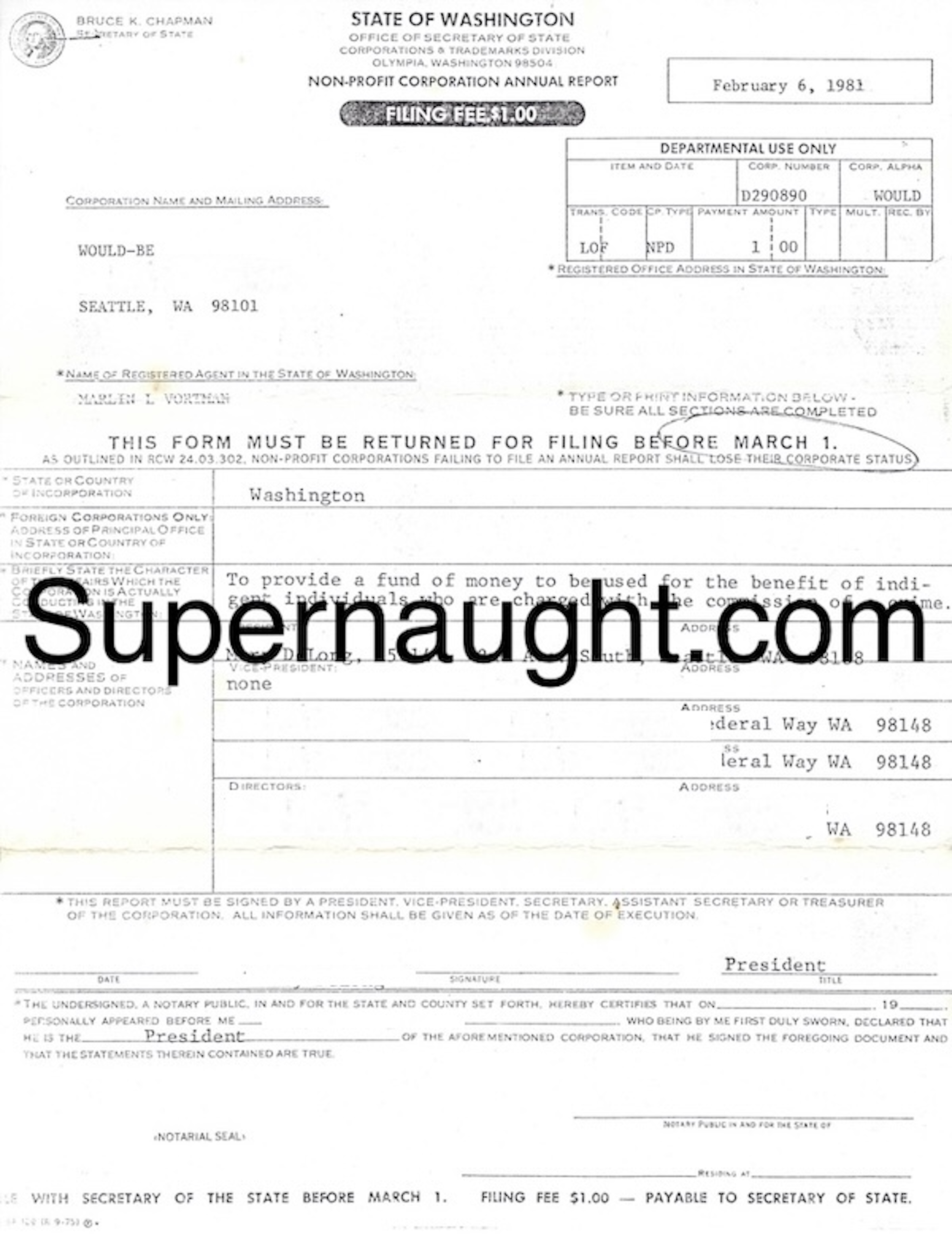 Ted Bundy State of WA Filing Fee