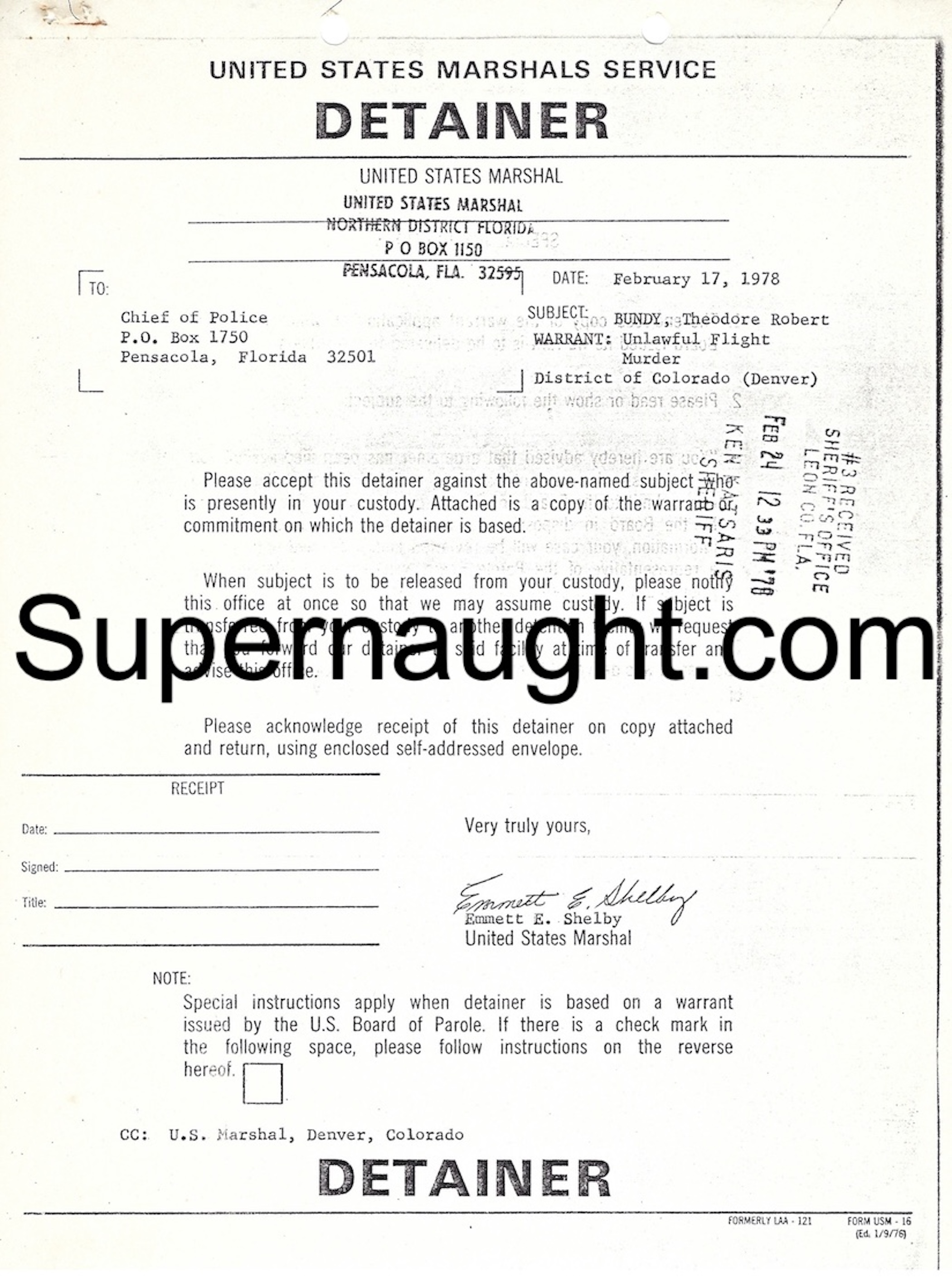 Ted Bundy United States Marshals Service Detainer February 1978 Original