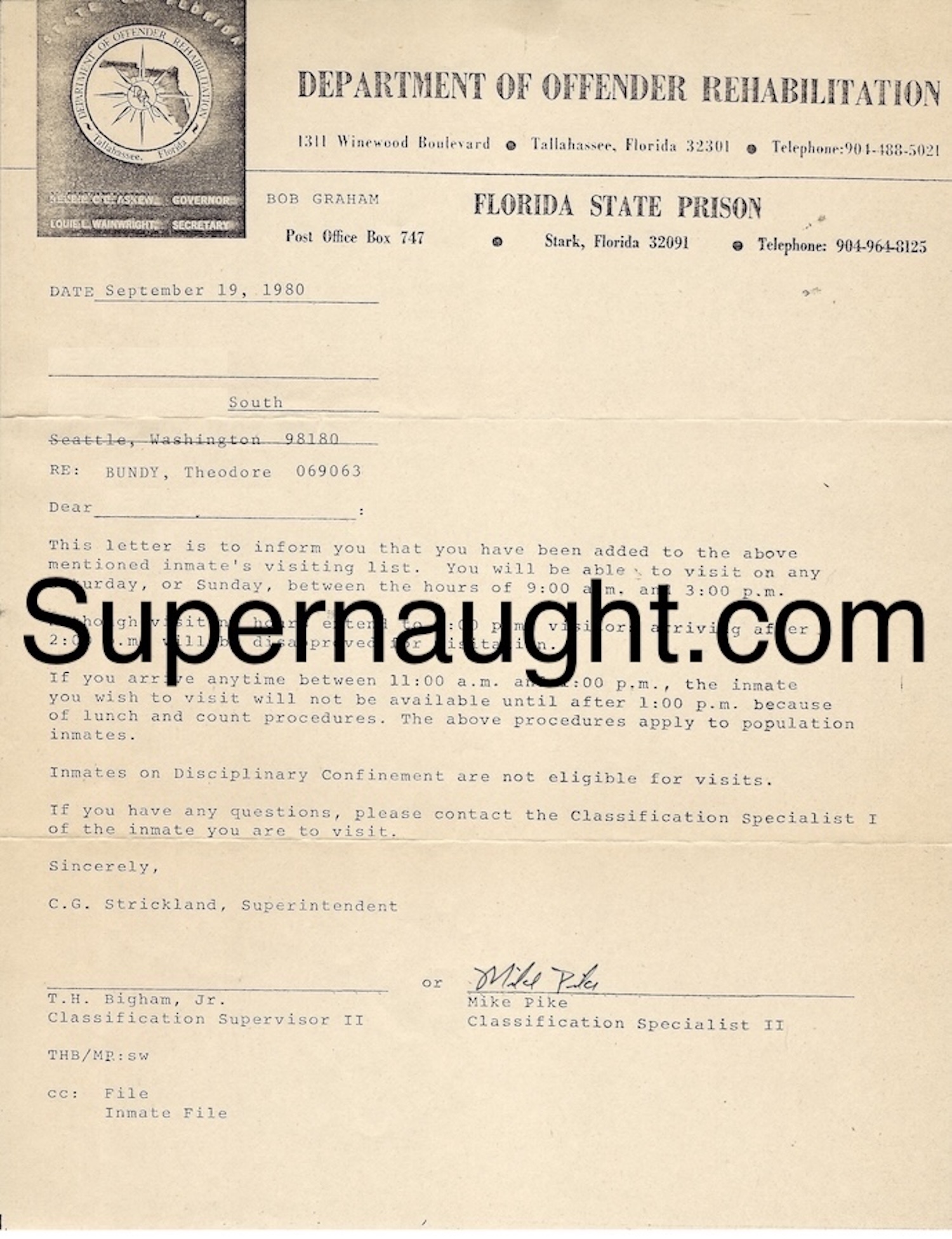 Ted Bundy Visitor Approval Letter with Envelope