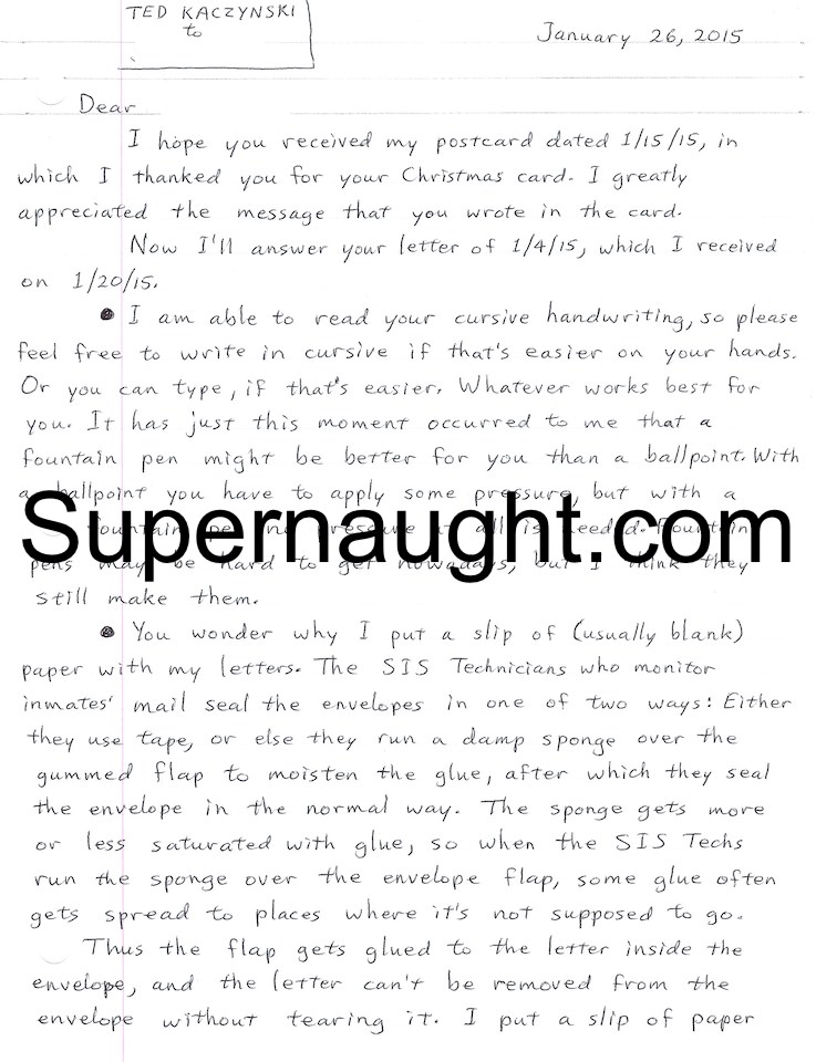 Ted Kaczynski Four Page Letter and Envelope Both Signed
