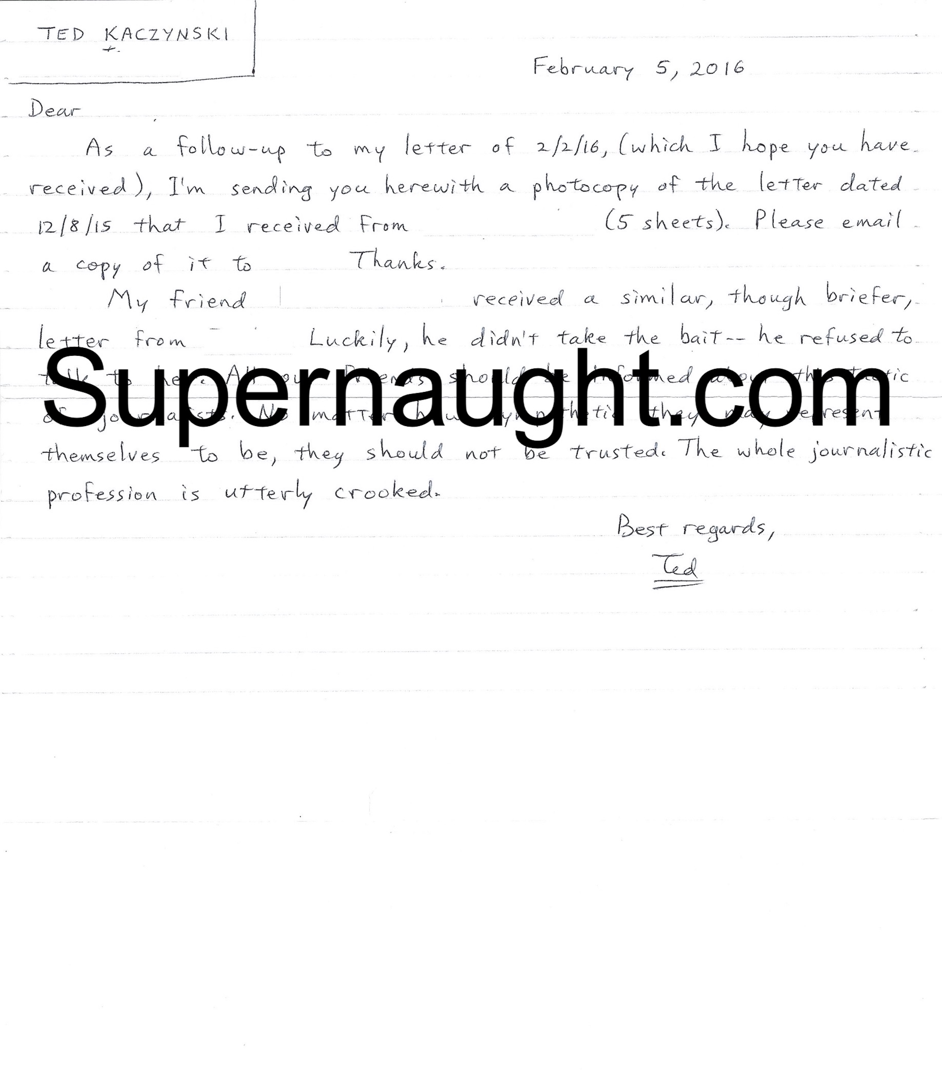 Ted Kaczynski Letter Signed With Journalist Letter
