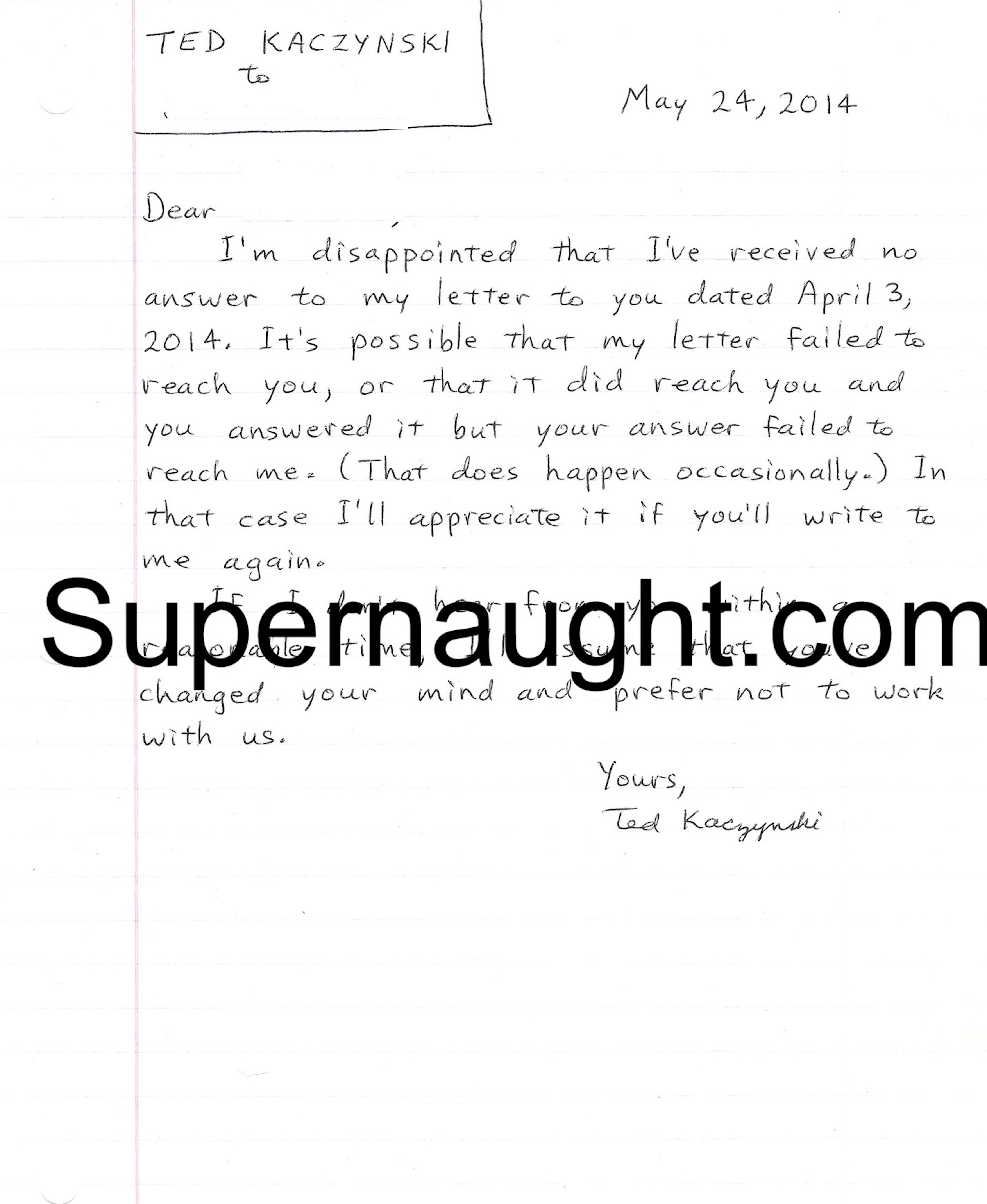 Ted Kaczynski One Page Letter Signed Twice