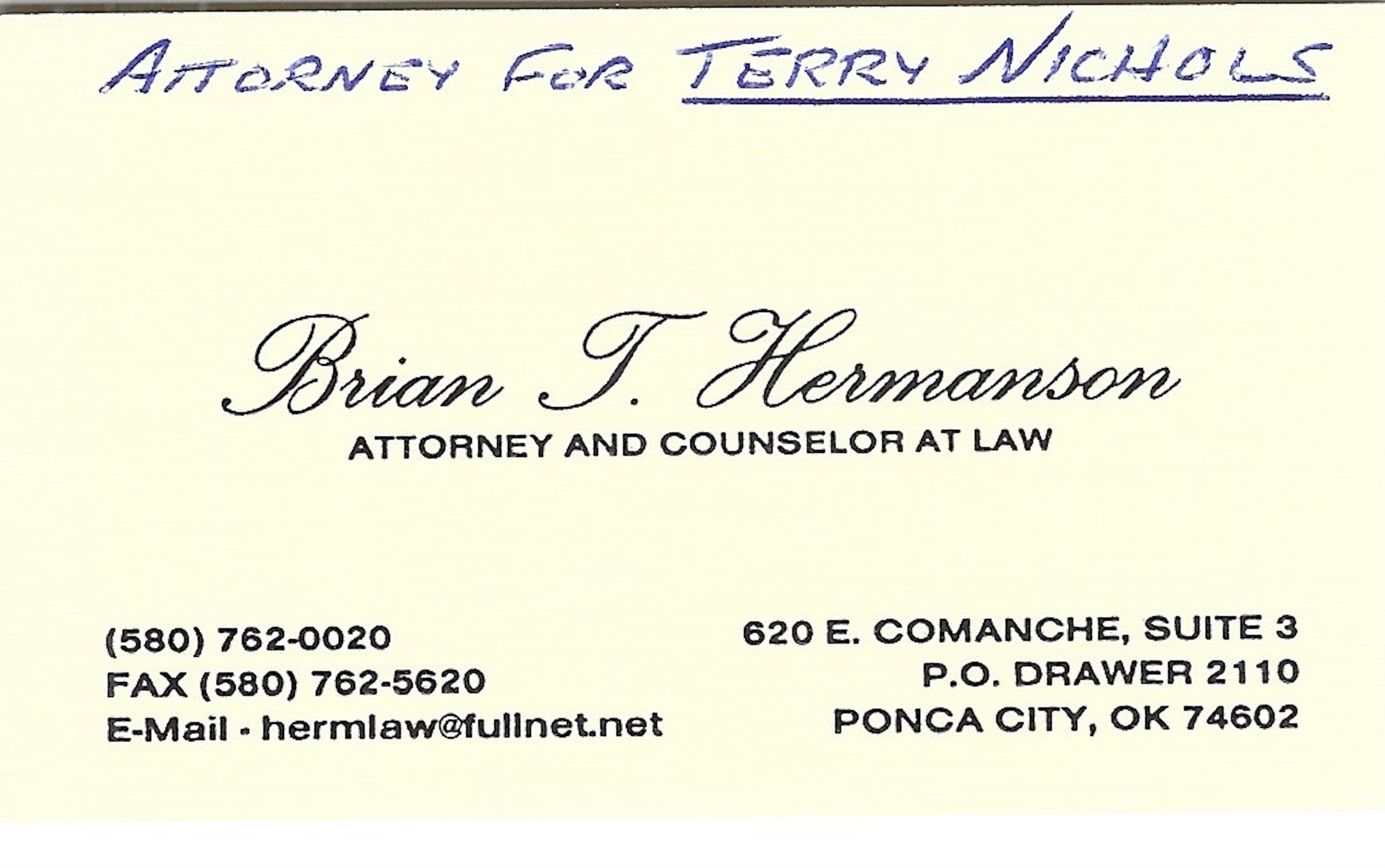 Terry Nichols Signed Attorney Business Card