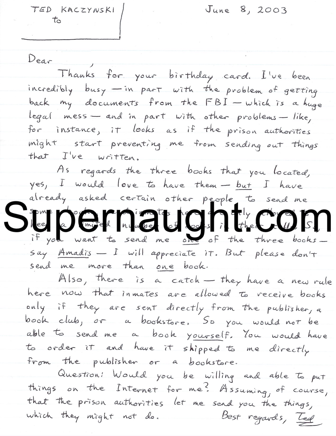 Theodore Kaczynski Letter and Envelope Set Both Signed