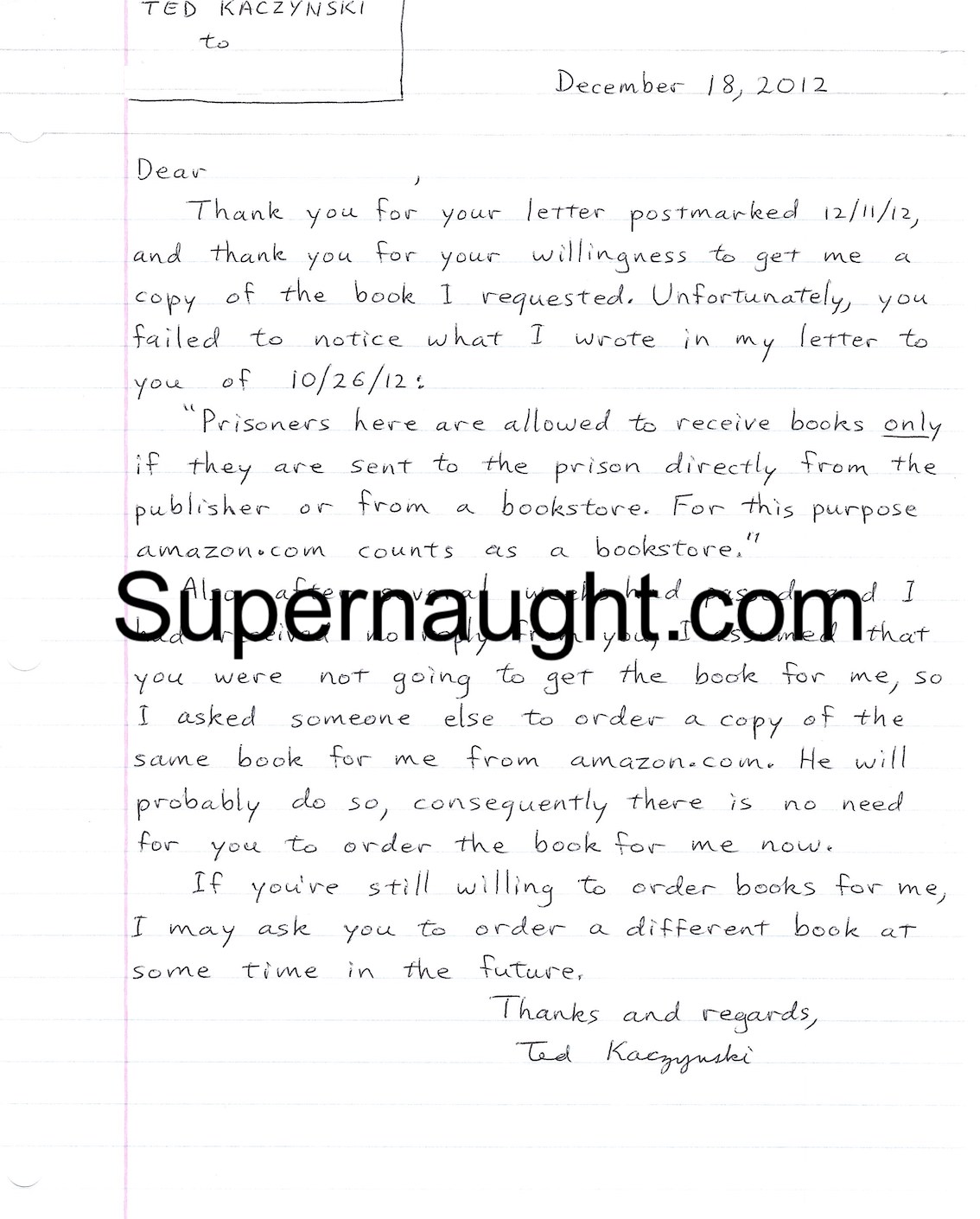 Theodore Kaczynski One Page Letter and Envelope Both Signed