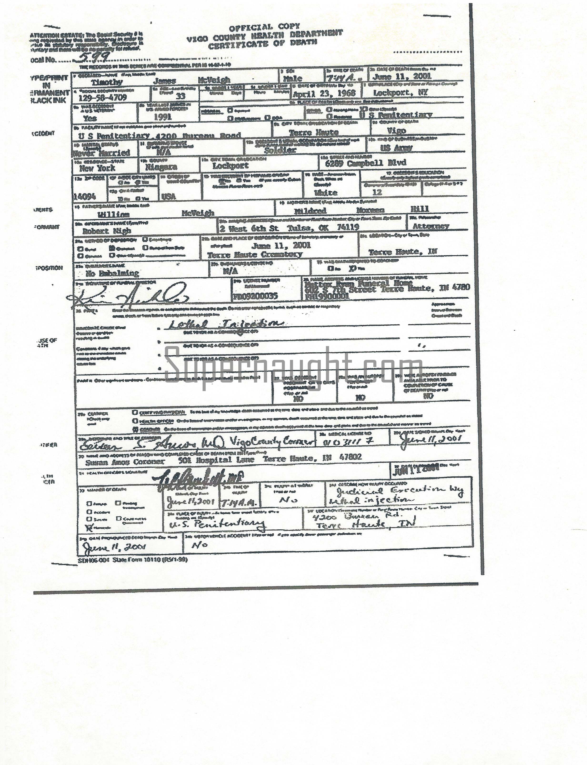 Timothy McVeigh Certificate of Death Copy