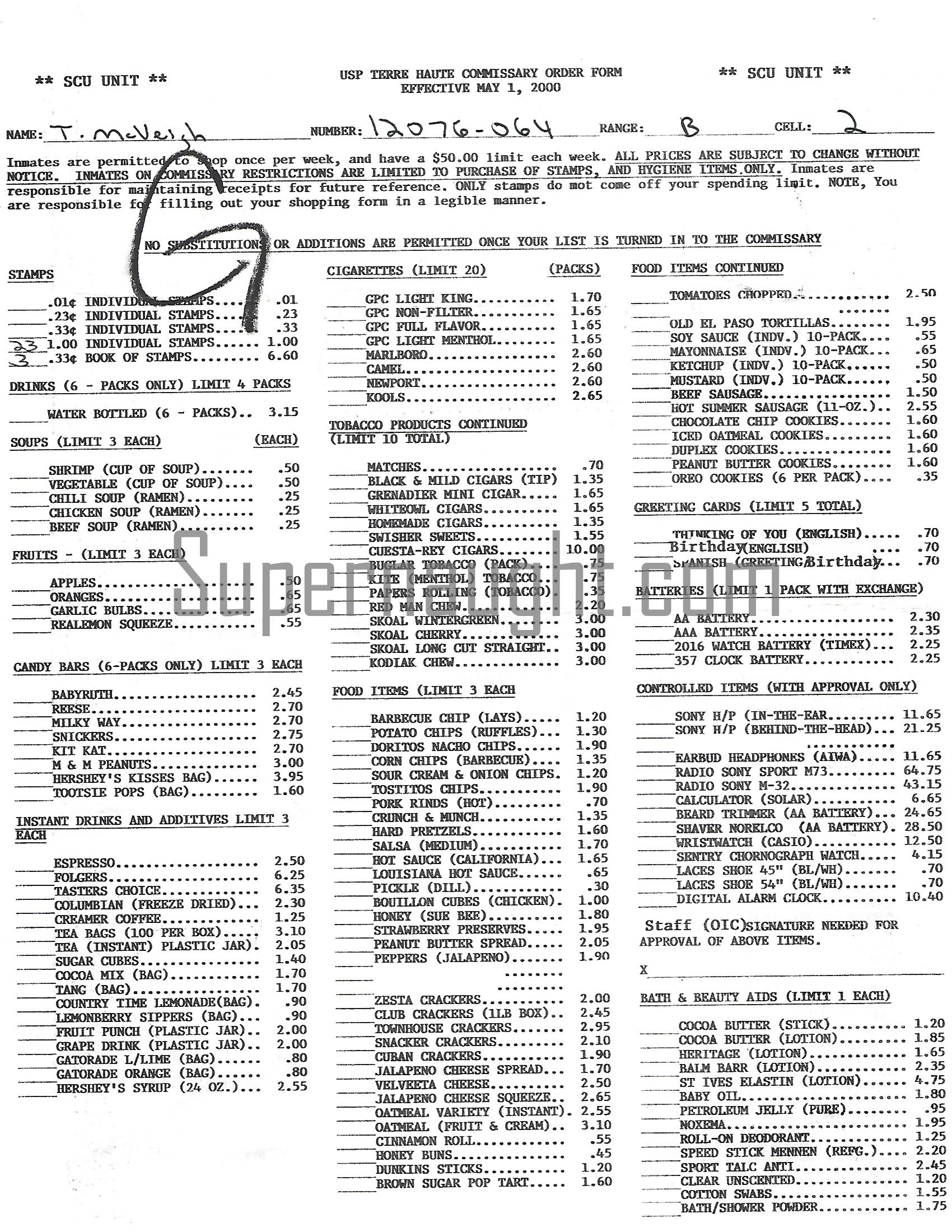 Timothy McVeigh Hand Signed Commissary Form Document image 3