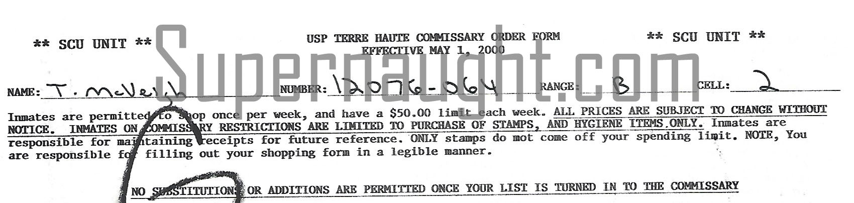 Timothy McVeigh Hand Signed Commissary Form Document image 4