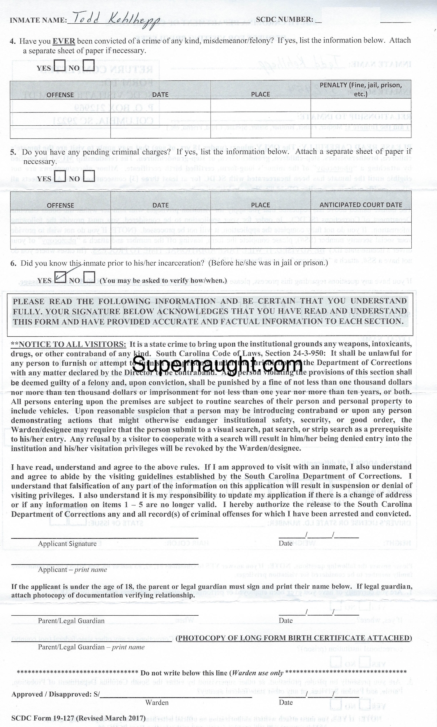 Todd Kohlhepp Signed Visitation Application image 2