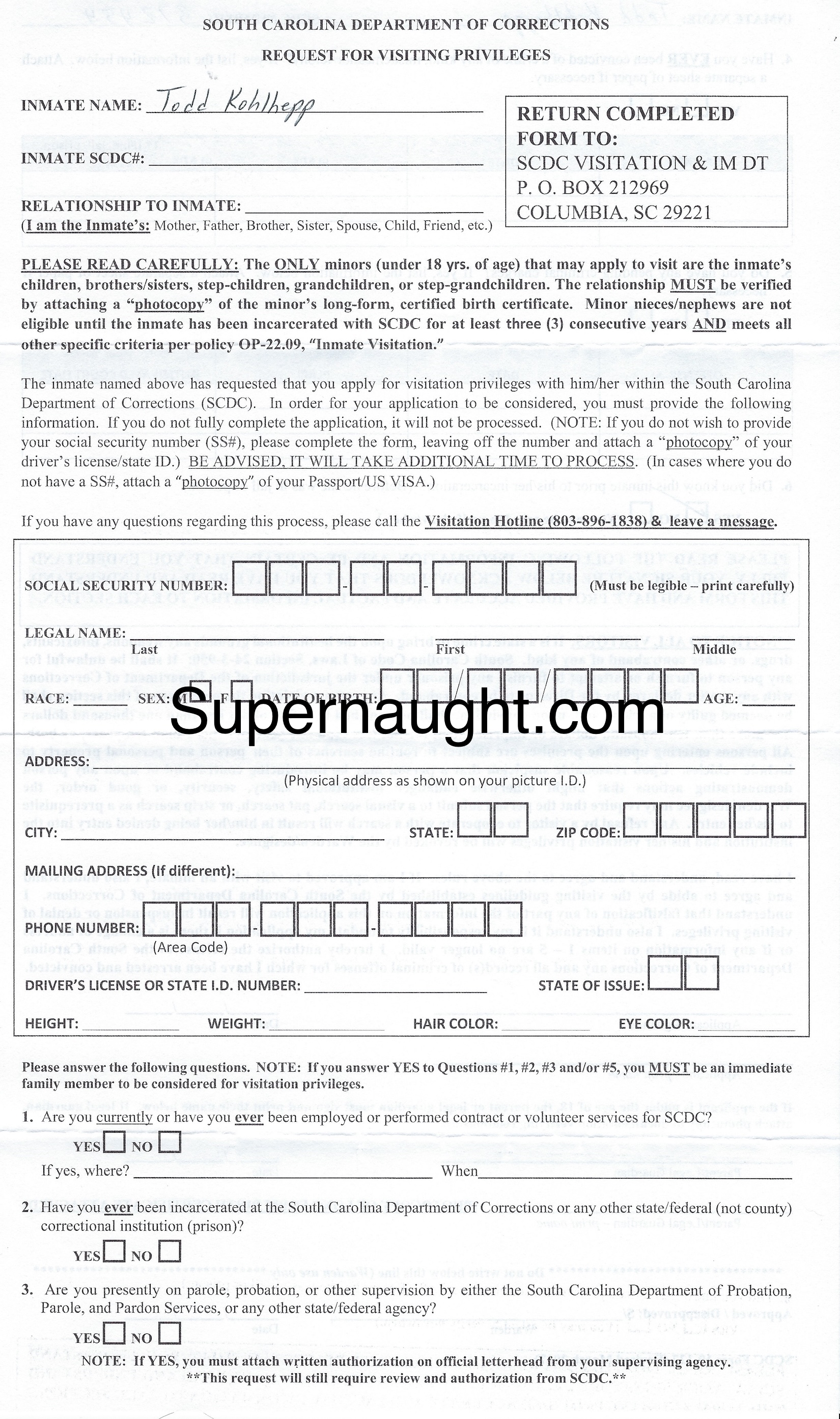Todd Kohlhepp Signed Visitation Application