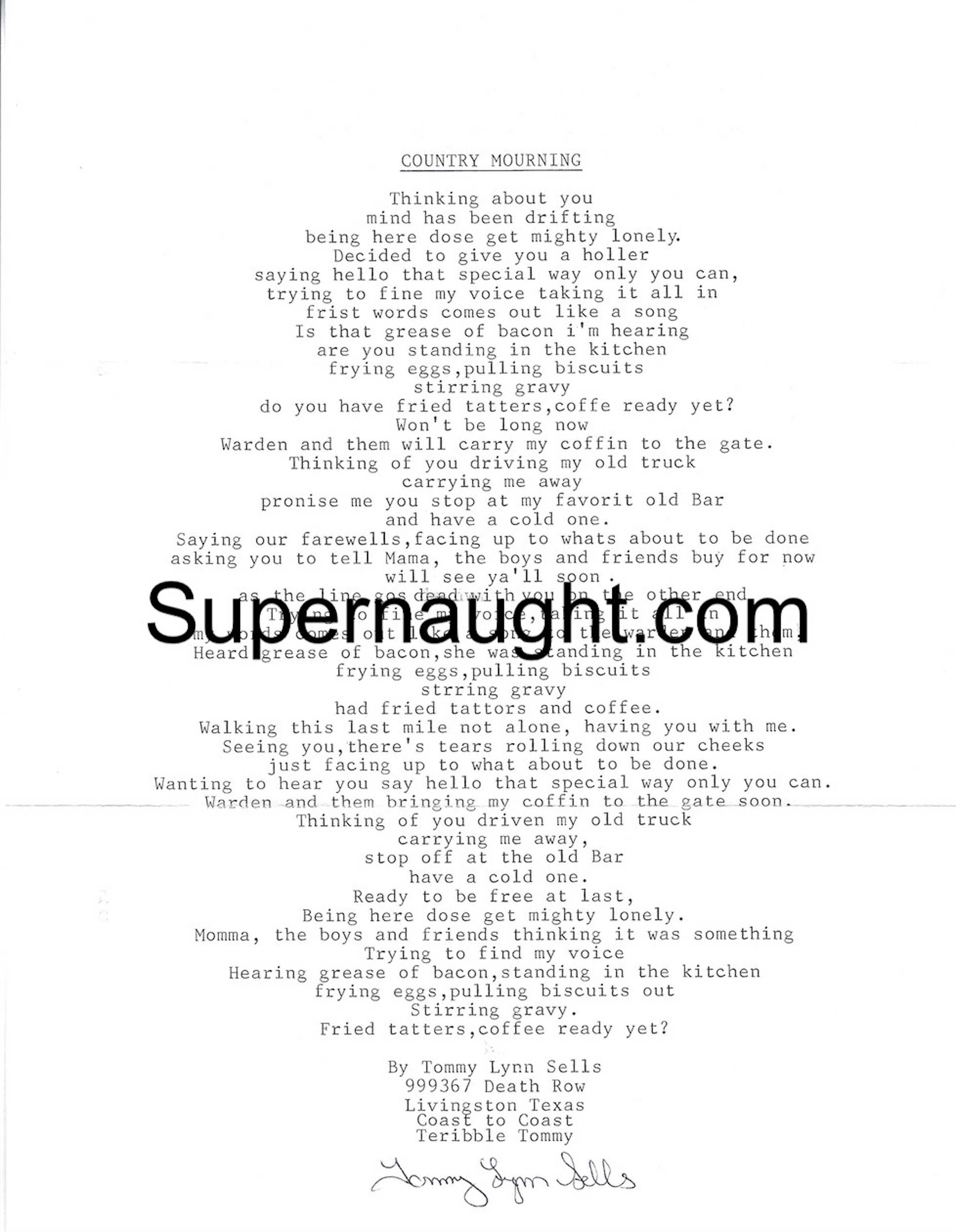 Tommy Lynn Sells Country Mourning Signed Poem