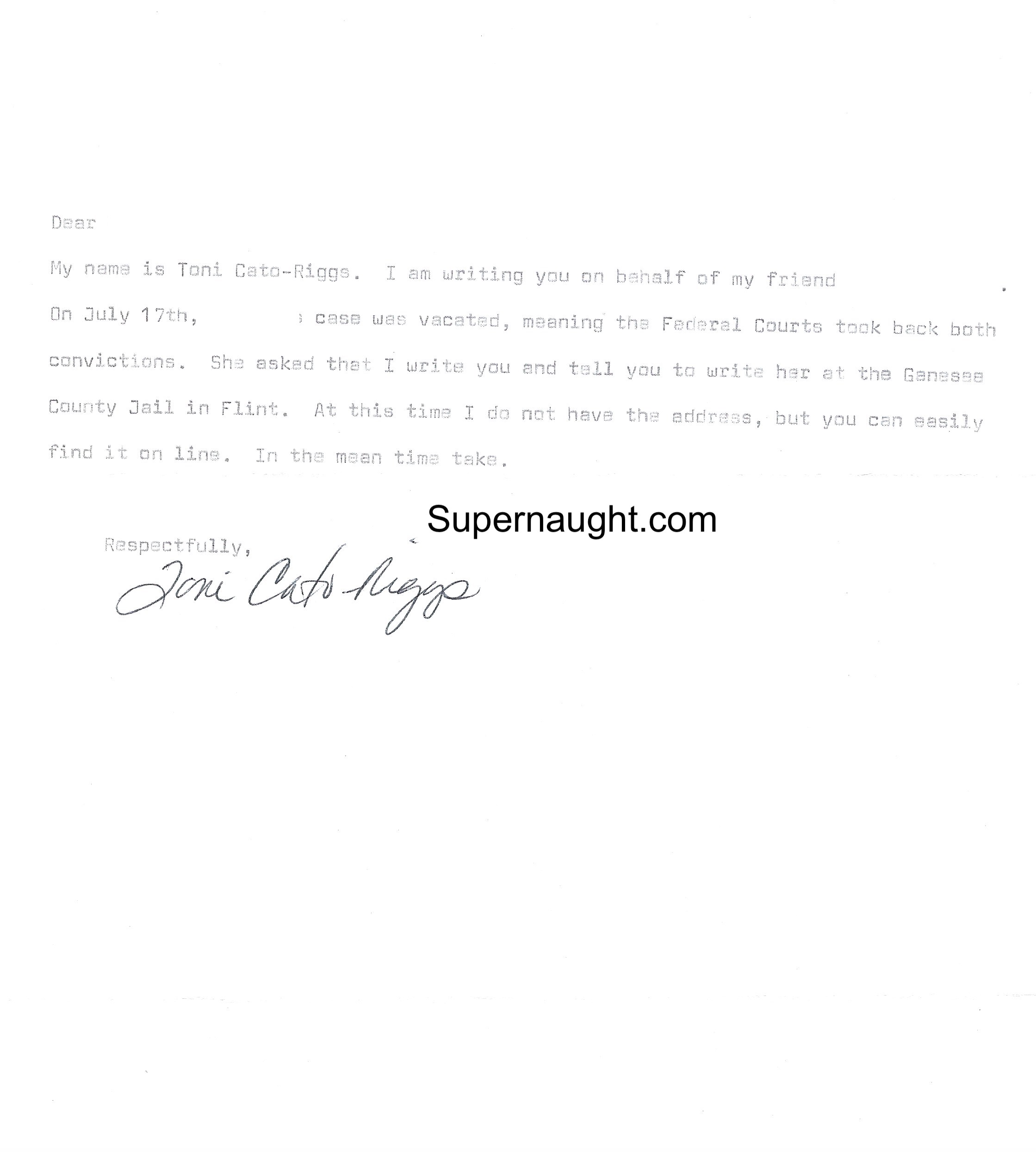 Toni Cato Riggs Signed Letter