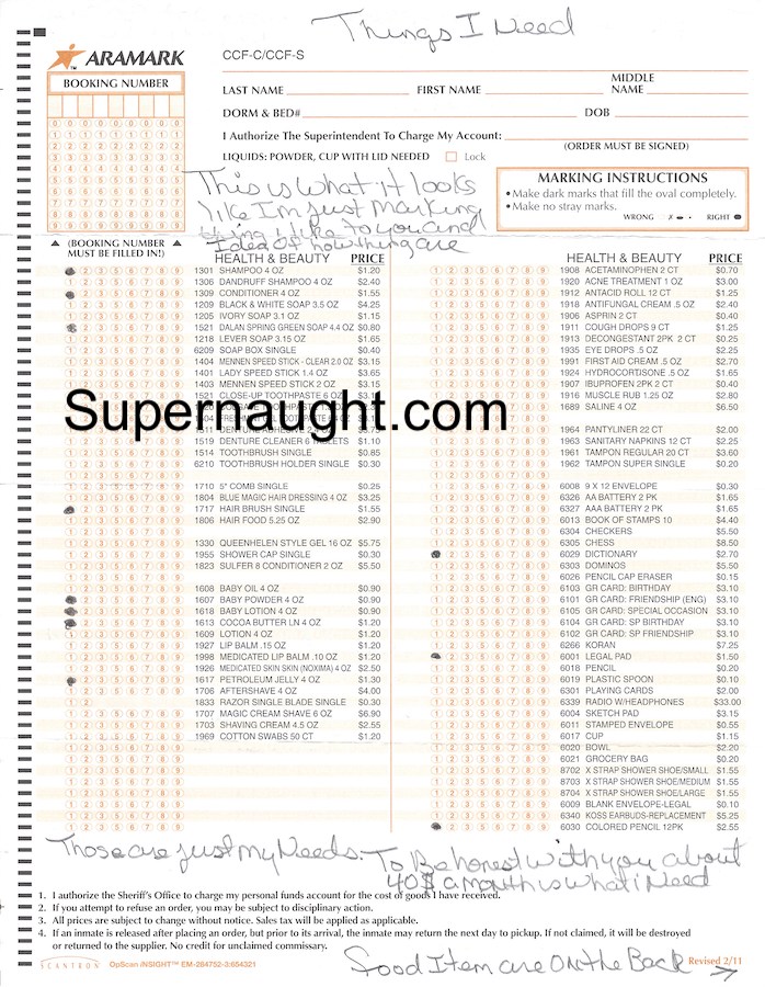 Tracy Martin Edwards Commissary Form With His Writing