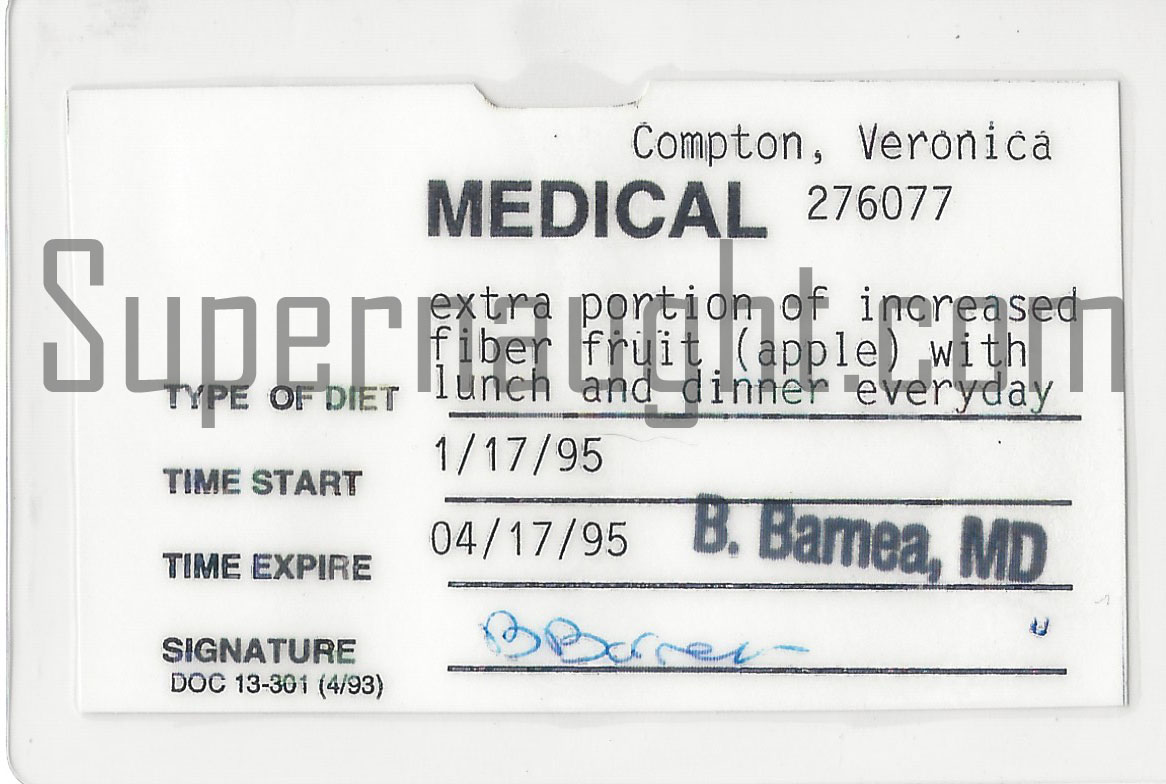 Veronica Compton 1995 Prison Medical Diet Pass
