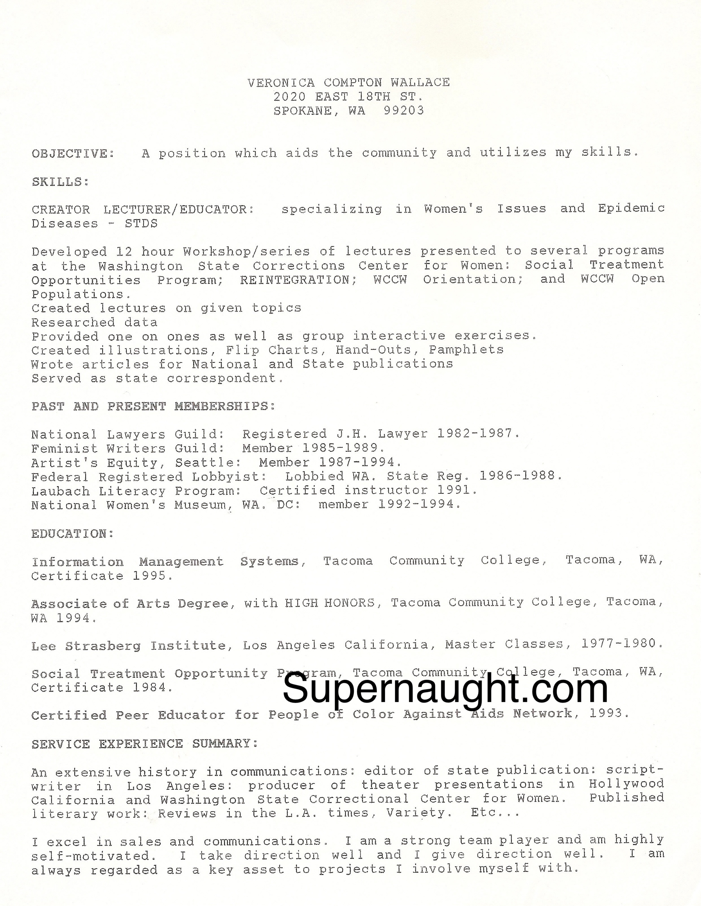 Veronica Compton Wallace 1990s Job Resume