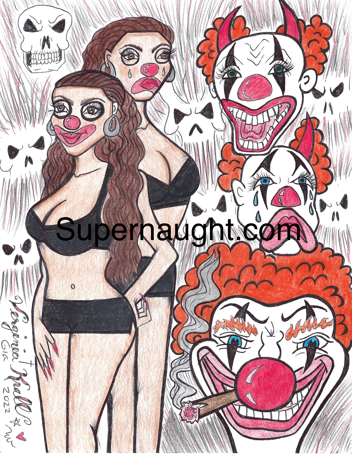Virginia Krall Women Clowns and Skulls Artwork Signed