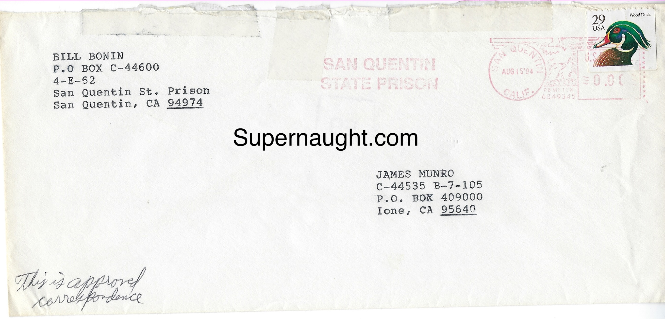 William Bonin Envelope From Death Row To Codefendant James Munro
