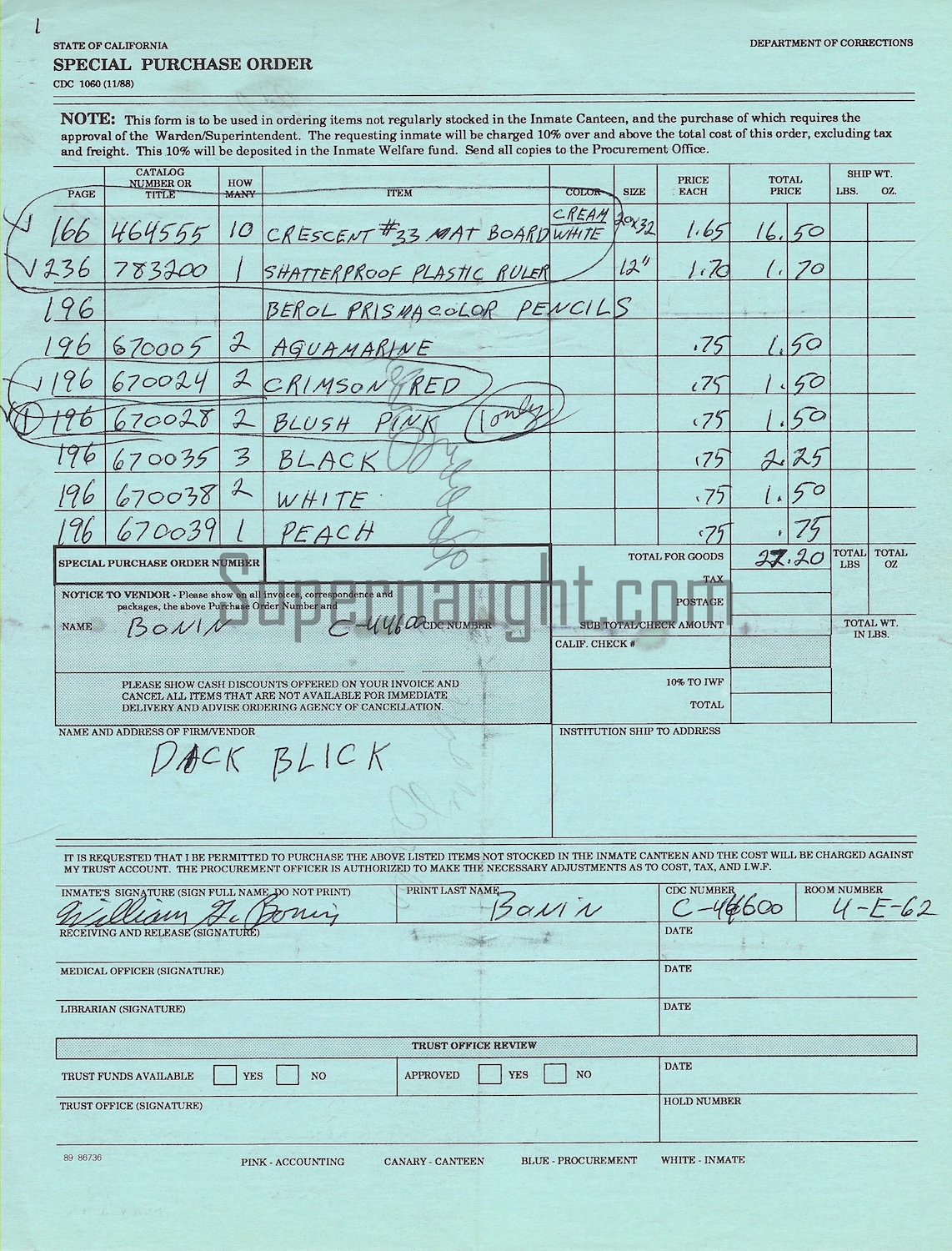 William Bonin Purchase Order Signed Three Times