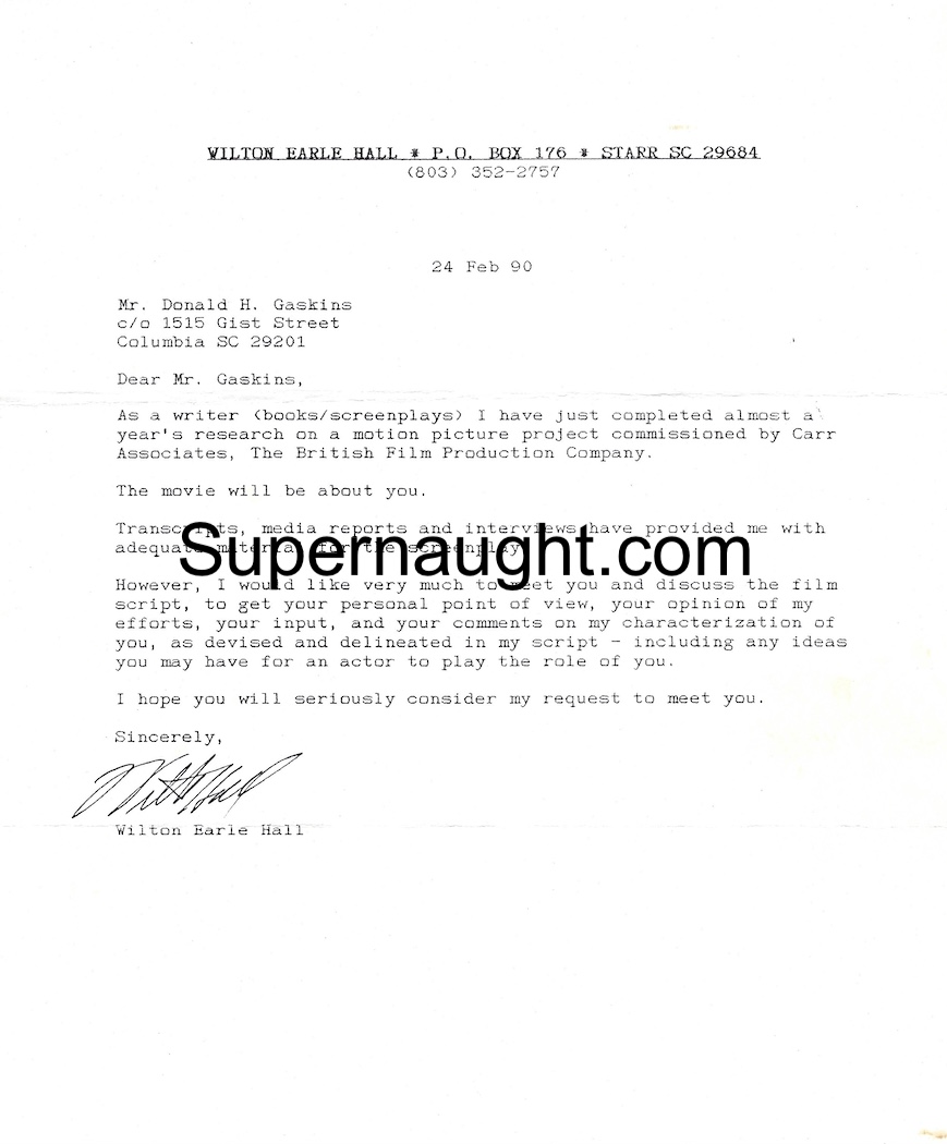 Wilton Hall Letter to Donald Pee Wee Gaskins Hand Signed