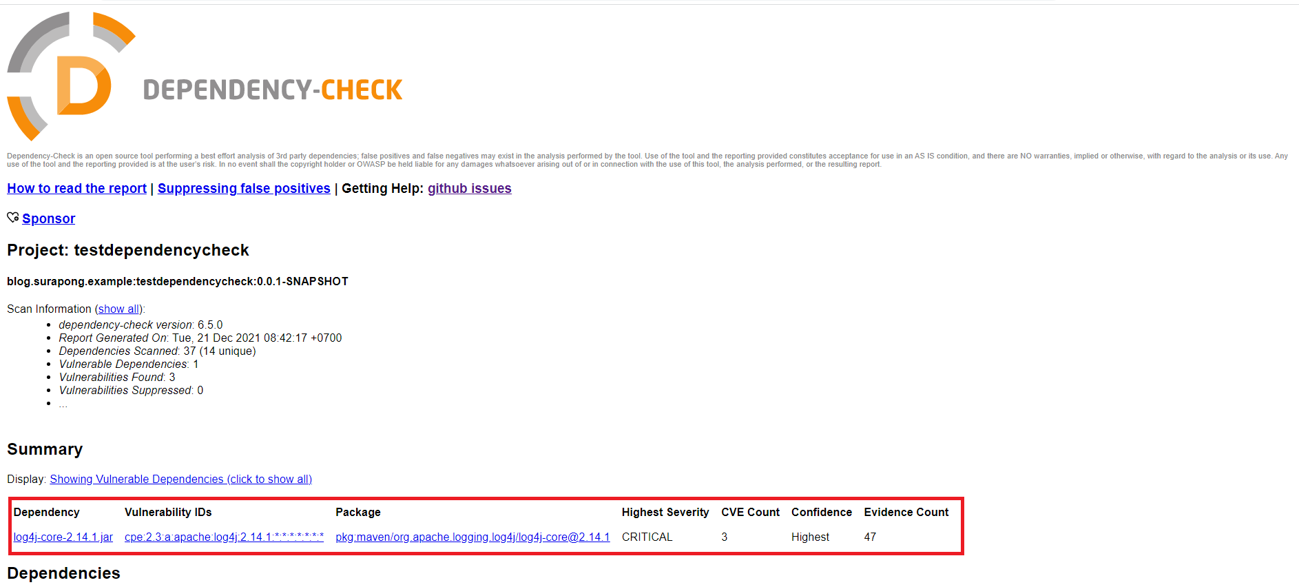 Dependency check report
