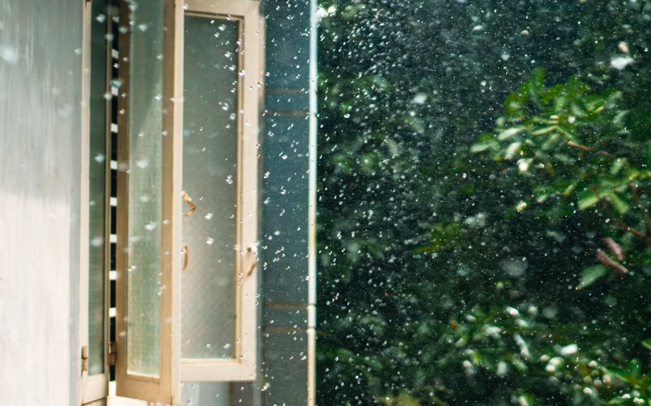 An open French door with frosted glass panels beside a lush green tree, with snow or debris swirling through the air outside.