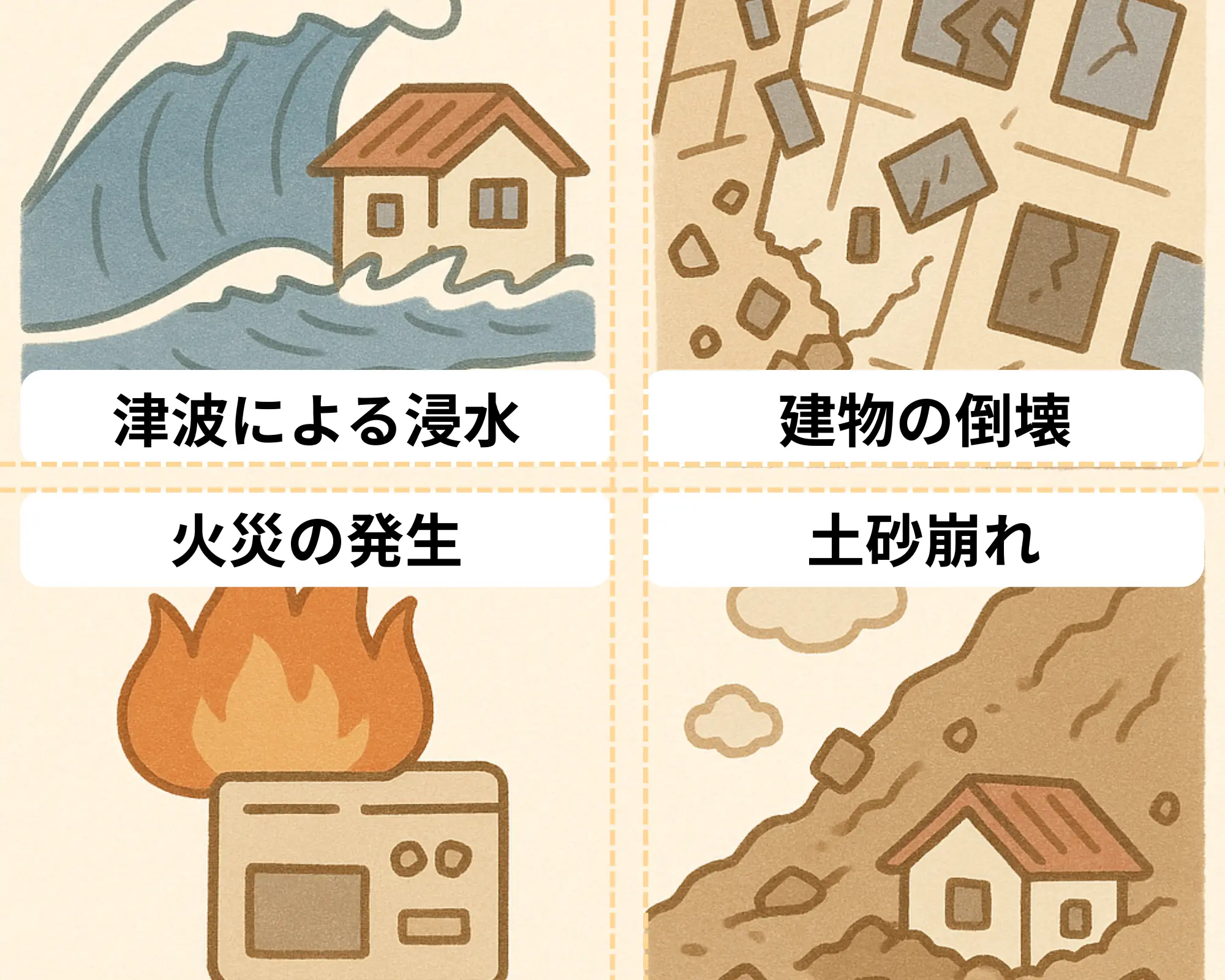 地震による津波・倒壊・火災などのイメージ