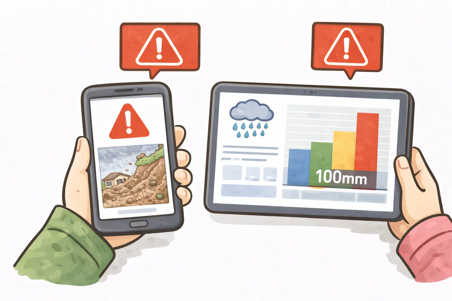 雨の状況に合わせて防災情報を確認するイメージ