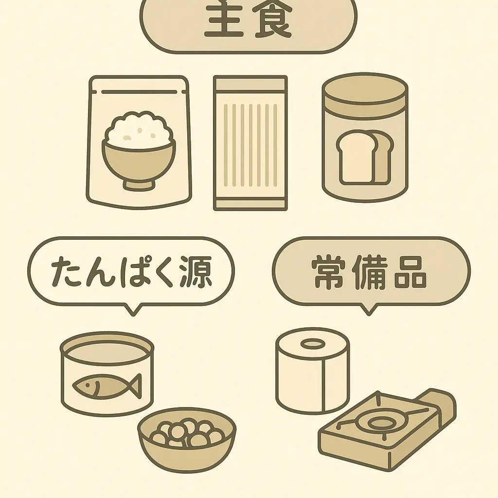 主食・たんぱく源・常備品の例
