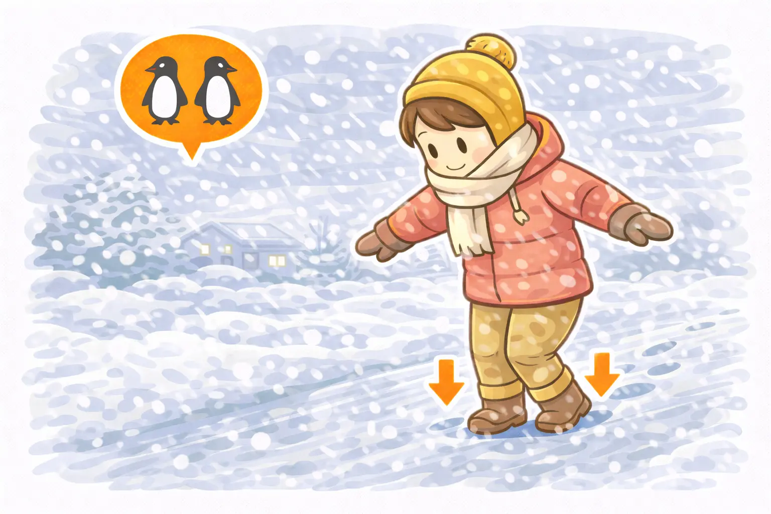 雪道を小さな歩幅で歩くイメージ