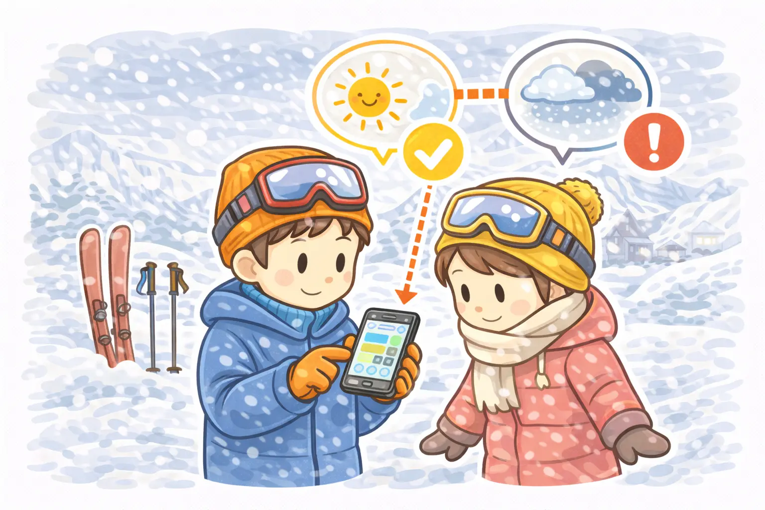 雪山のレジャーで天候を確認するイメージ