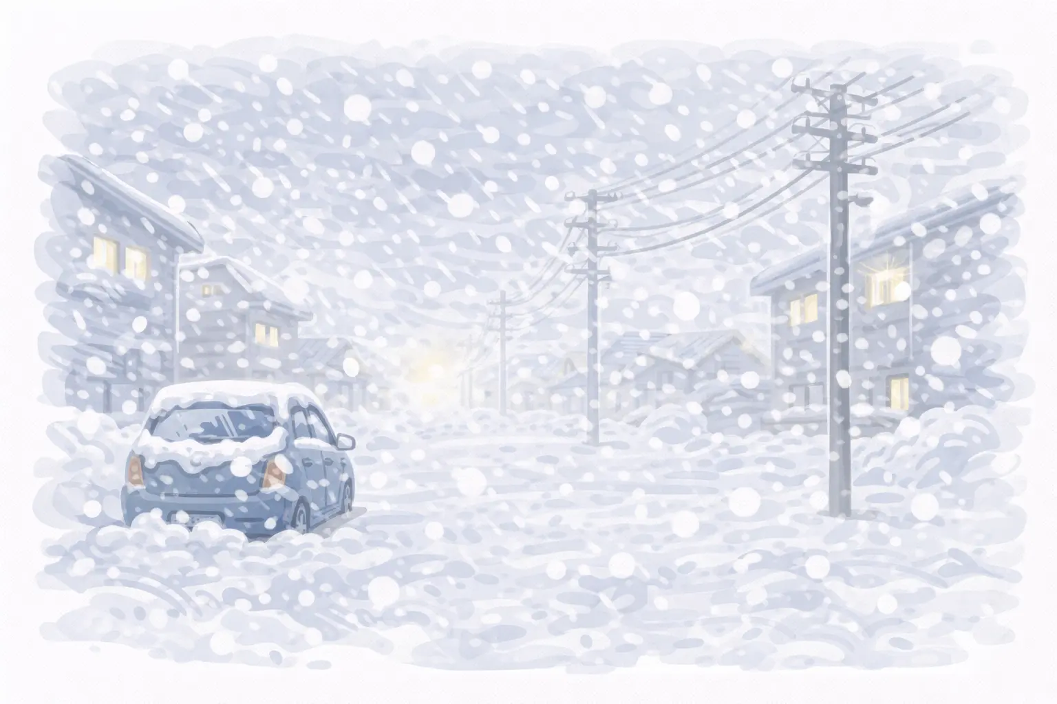 大雪で視界が悪くなる街のイメージ