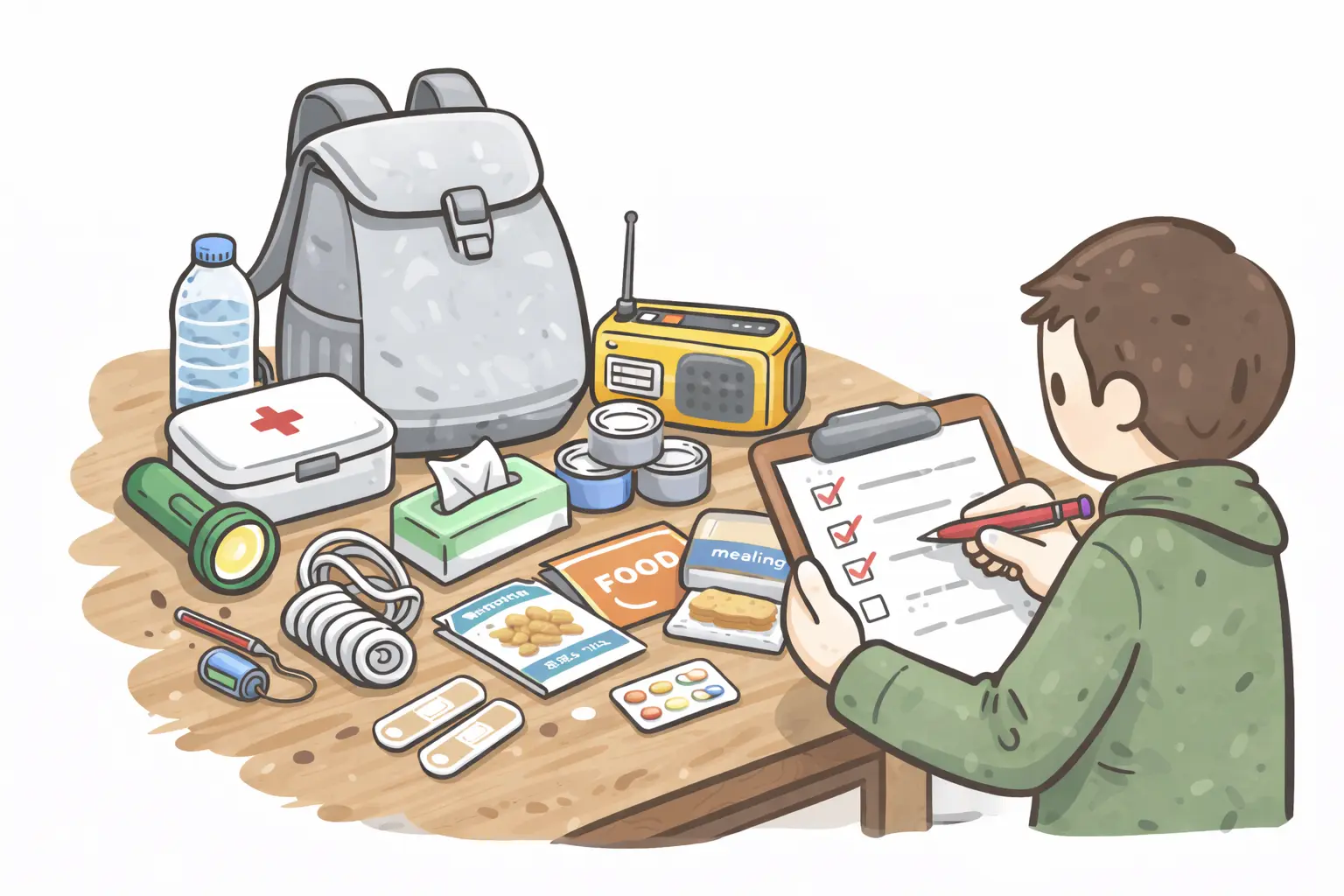 非常用持ち出し品を点検するテーブルのイメージ