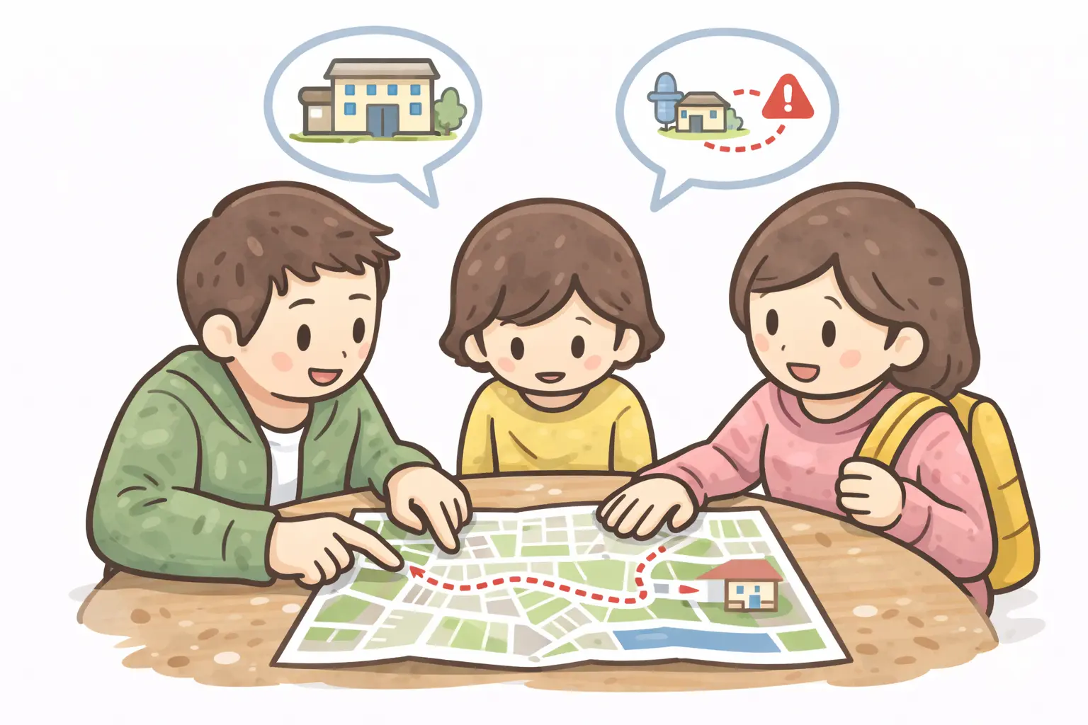 避難先と経路を家族で確認するイメージ