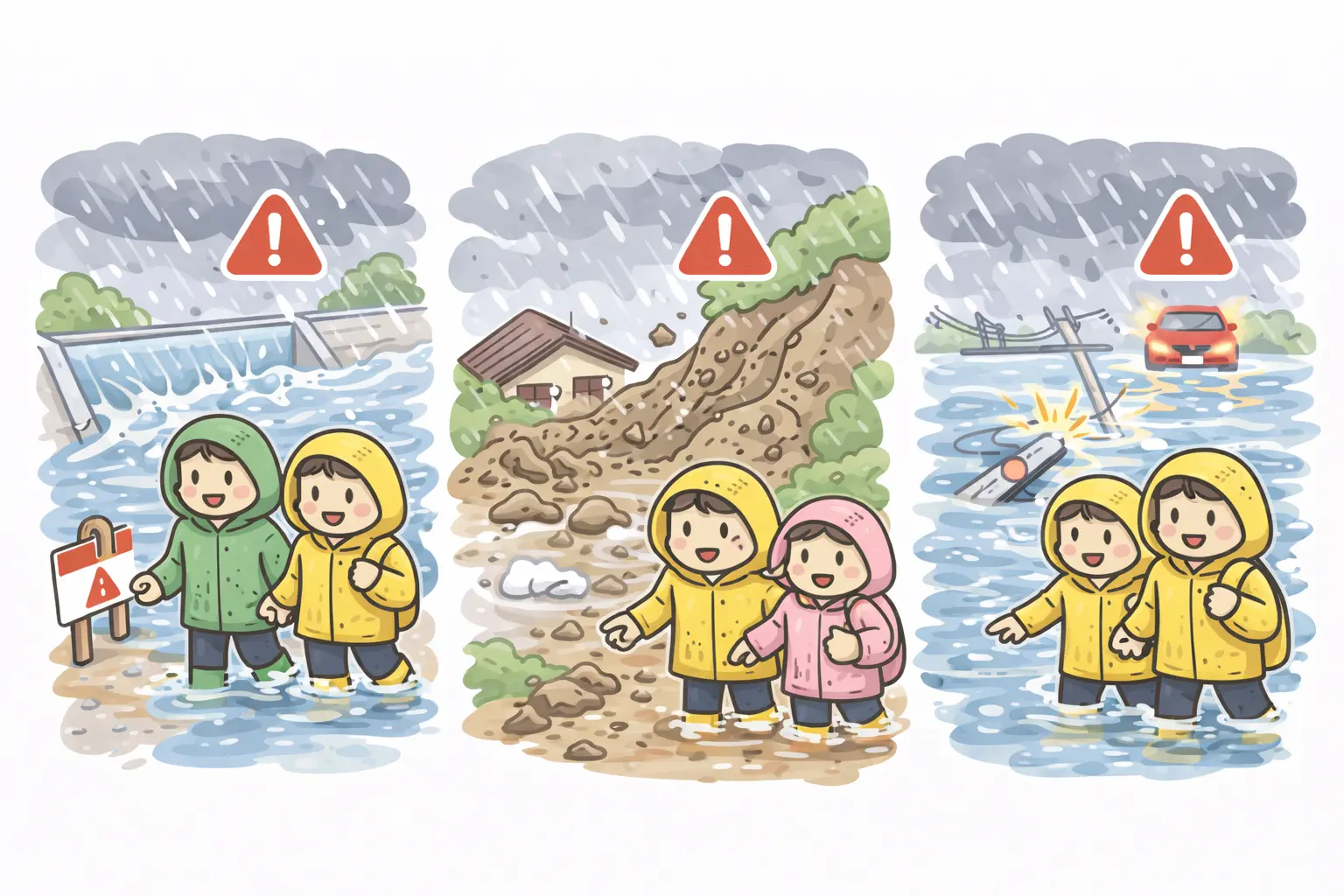 雨の中の移動で危険が変わる場面のイメージ（横長）