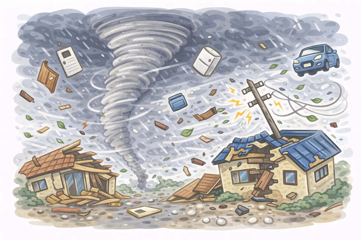 飛来物や倒壊の危険がある街並みのイメージ