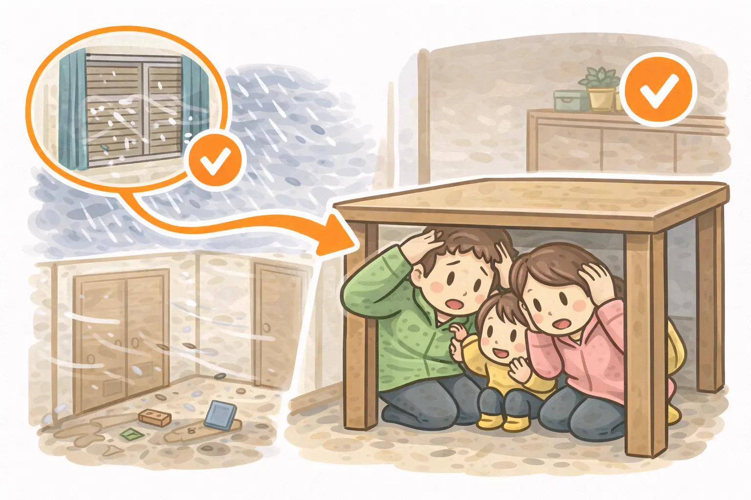 建物内で頭を守り姿勢を低くするイメージ（横長）