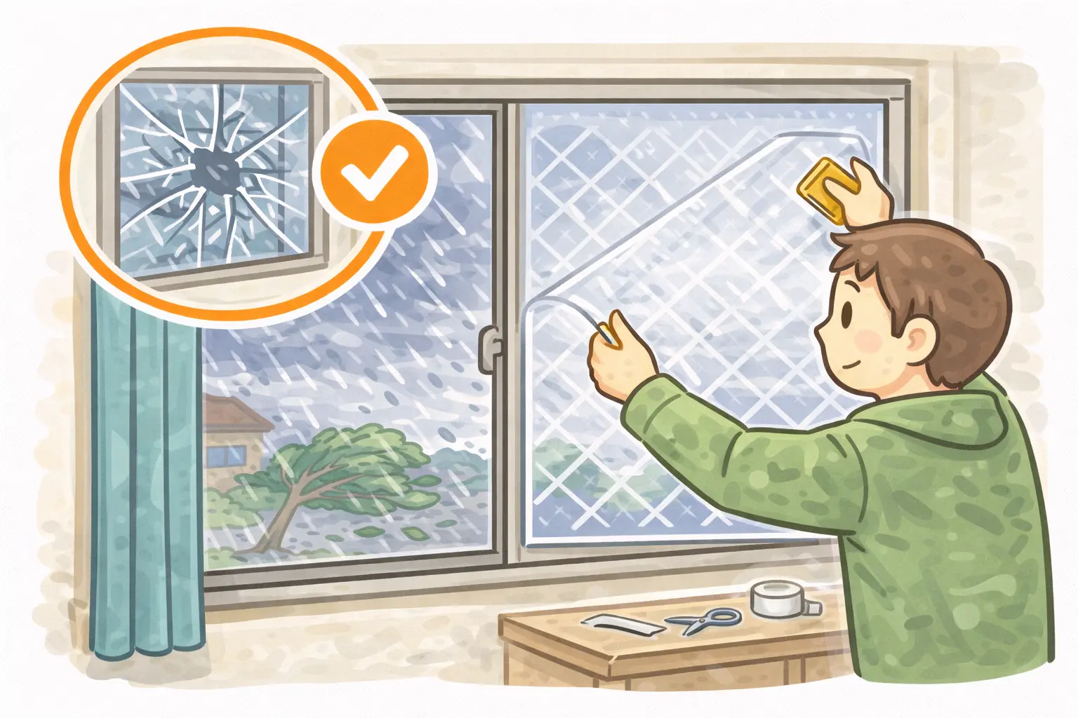 窓に飛散防止対策をして備える室内のイメージ（横長）