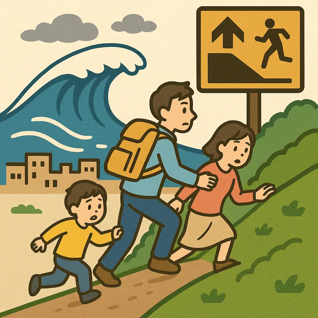 津波から高台へ避難するイメージ